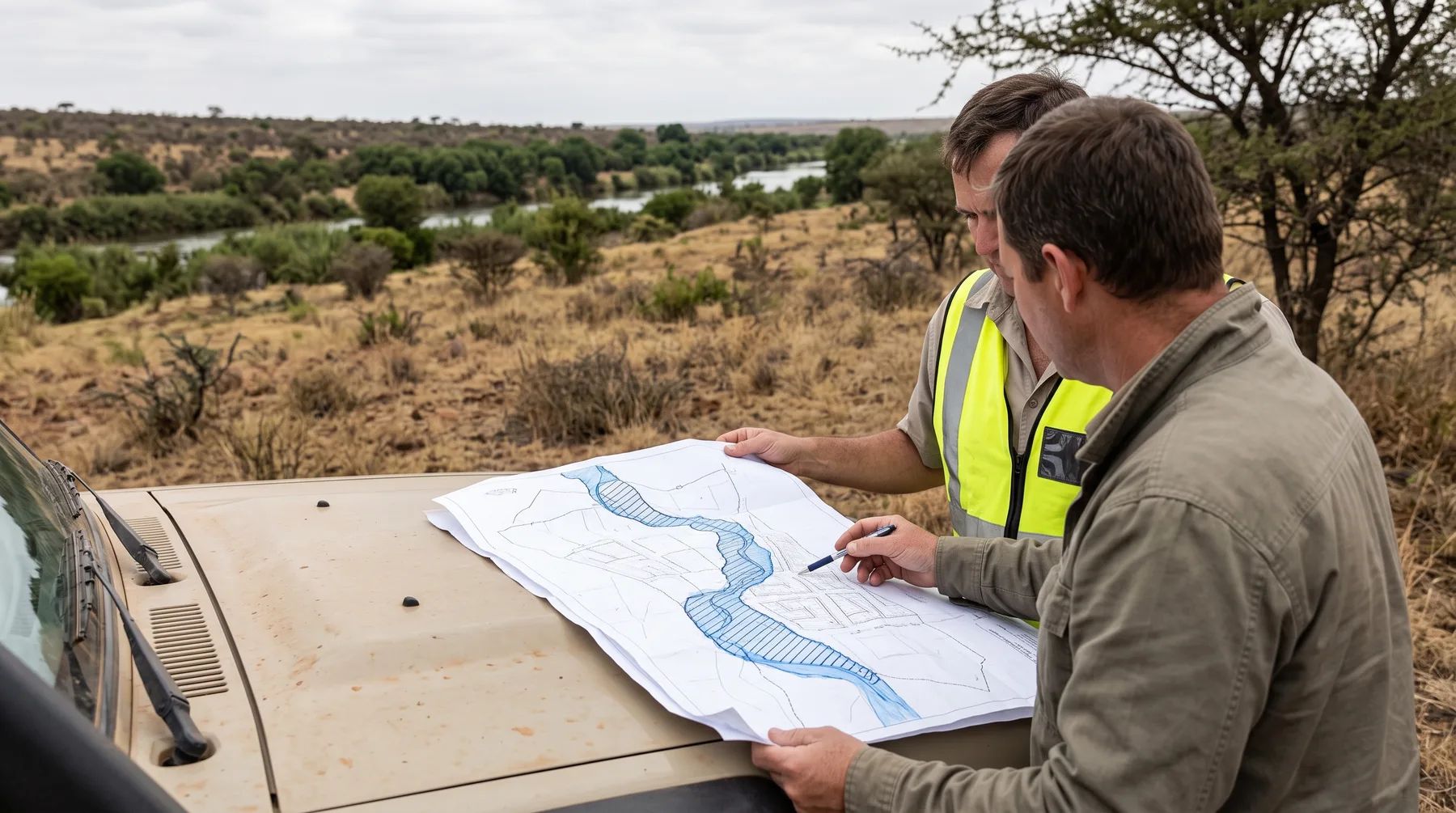 A town planner and an engineer reviewing a township layout plan with a flood zone along a river, on site.