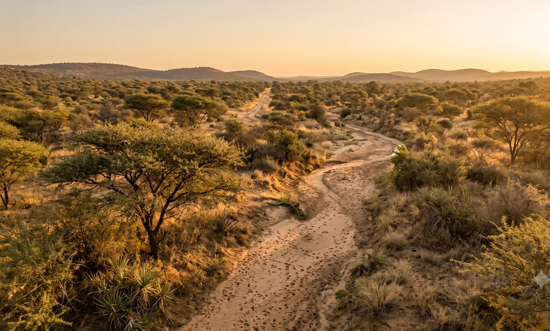 A Limpopo bushveld landscape with a seasonal watercourse and thornveld vegetation.