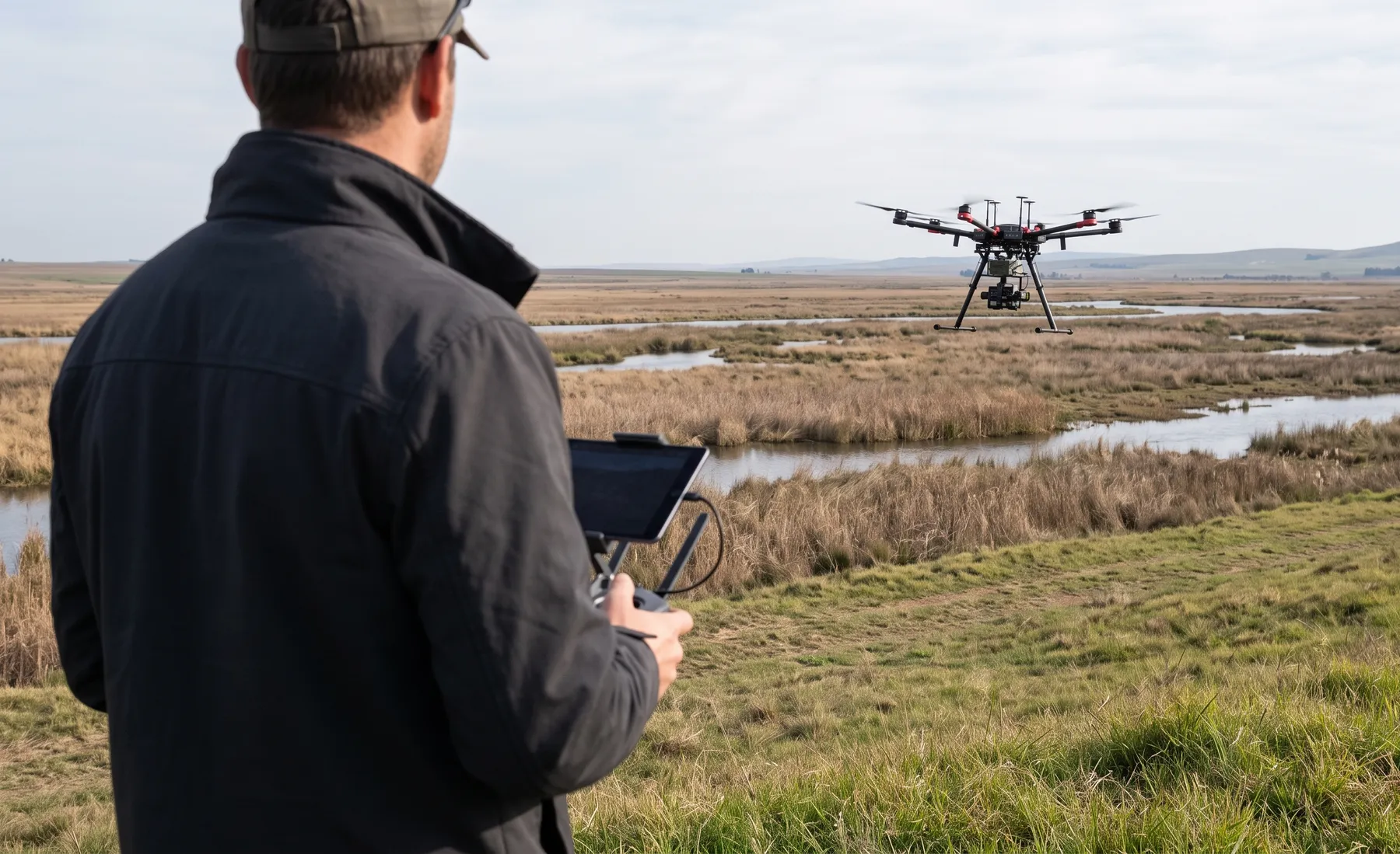 A survey drone flying low over a river floodplain during a terrain survey.