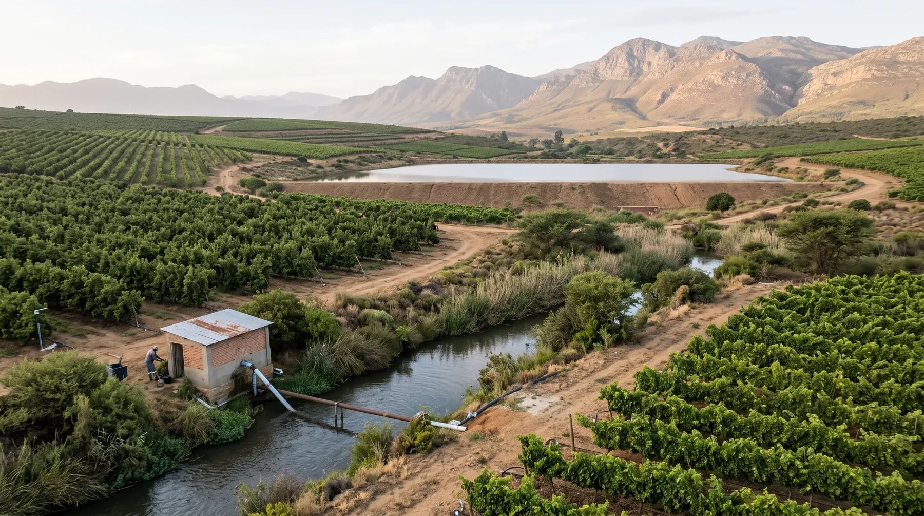 Orchards and vineyards along a river with a small pump house drawing water, a farm dam and mountains behind.