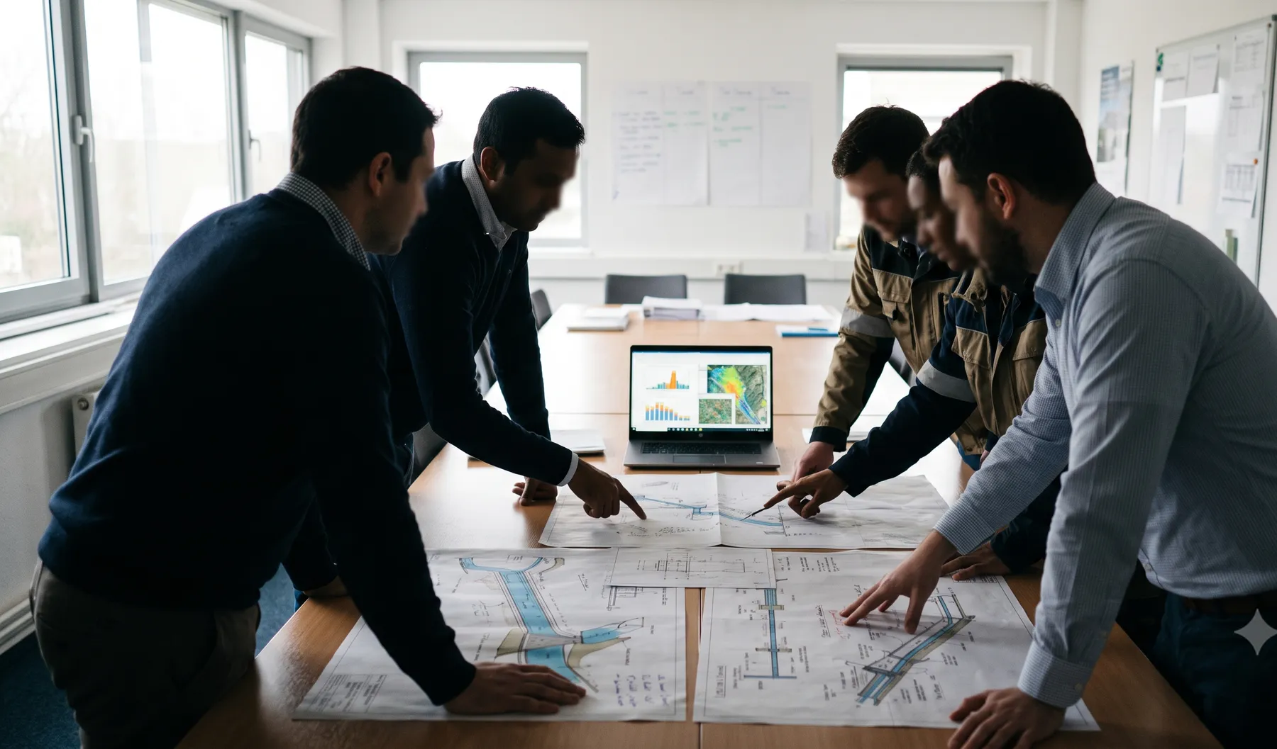 A small group of engineers reviewing technical drawings together in a training session.