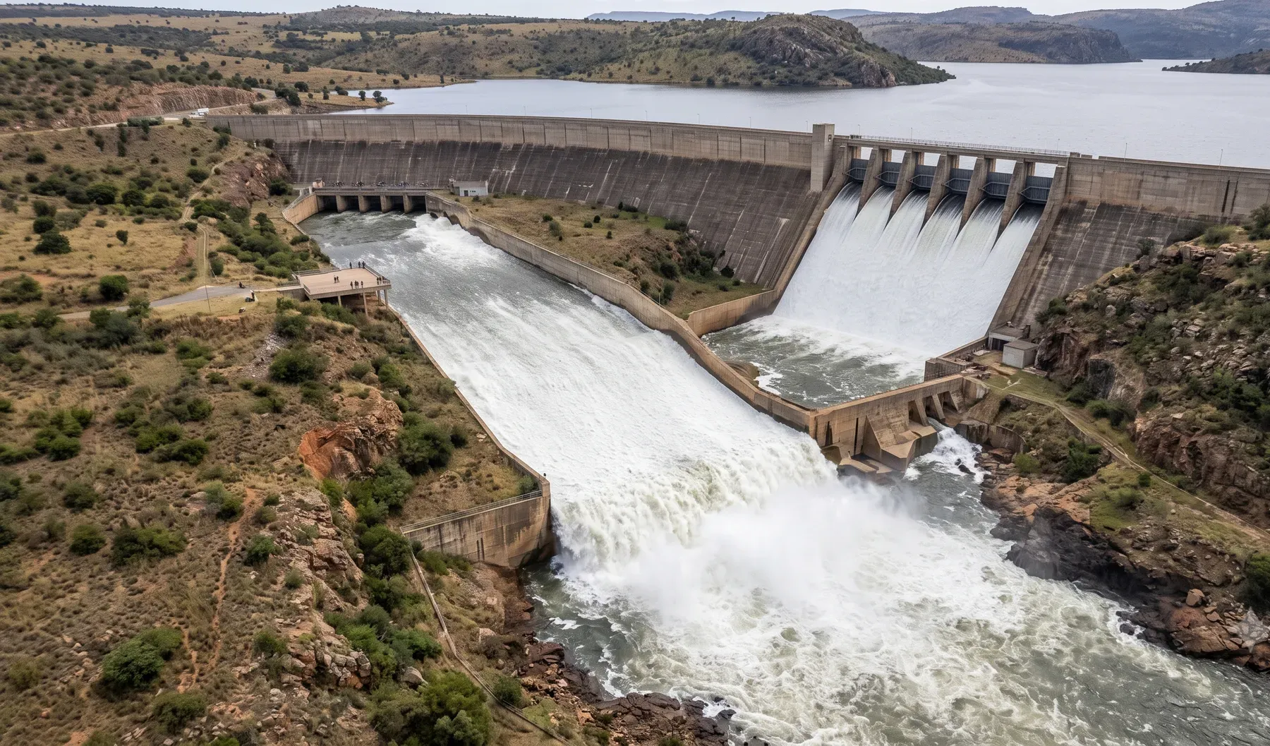 A large dam spillway discharging water at high flow, showing the scale of an extreme flood event.