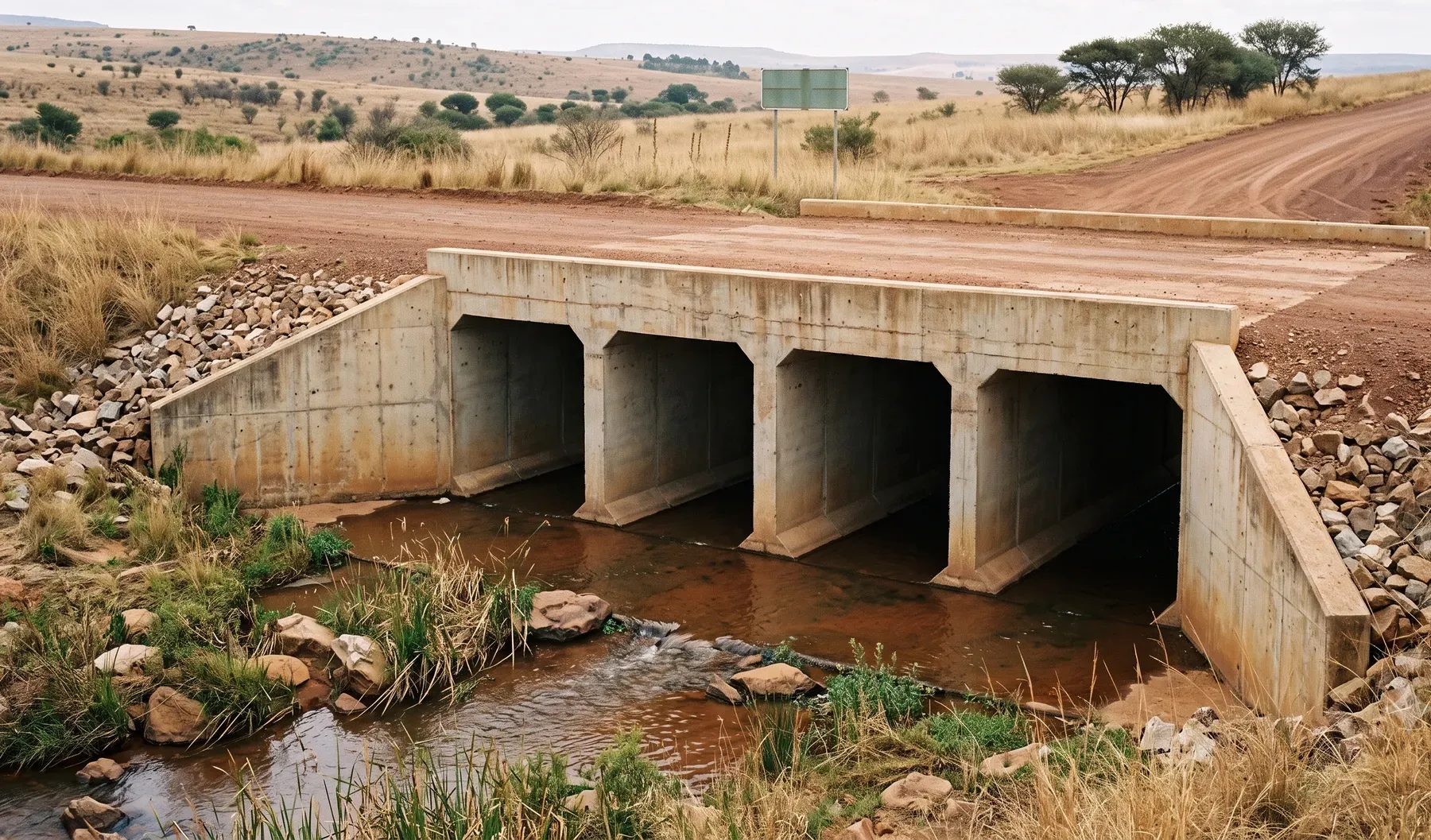 A concrete box culvert carrying a watercourse beneath a rural road.