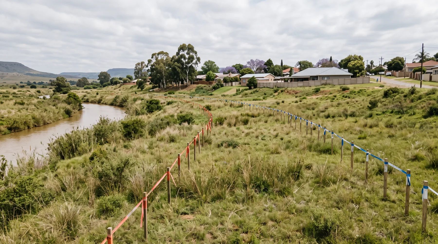 Two rows of survey pegs marking flood bands across a grassy river floodplain at the edge of a town.
