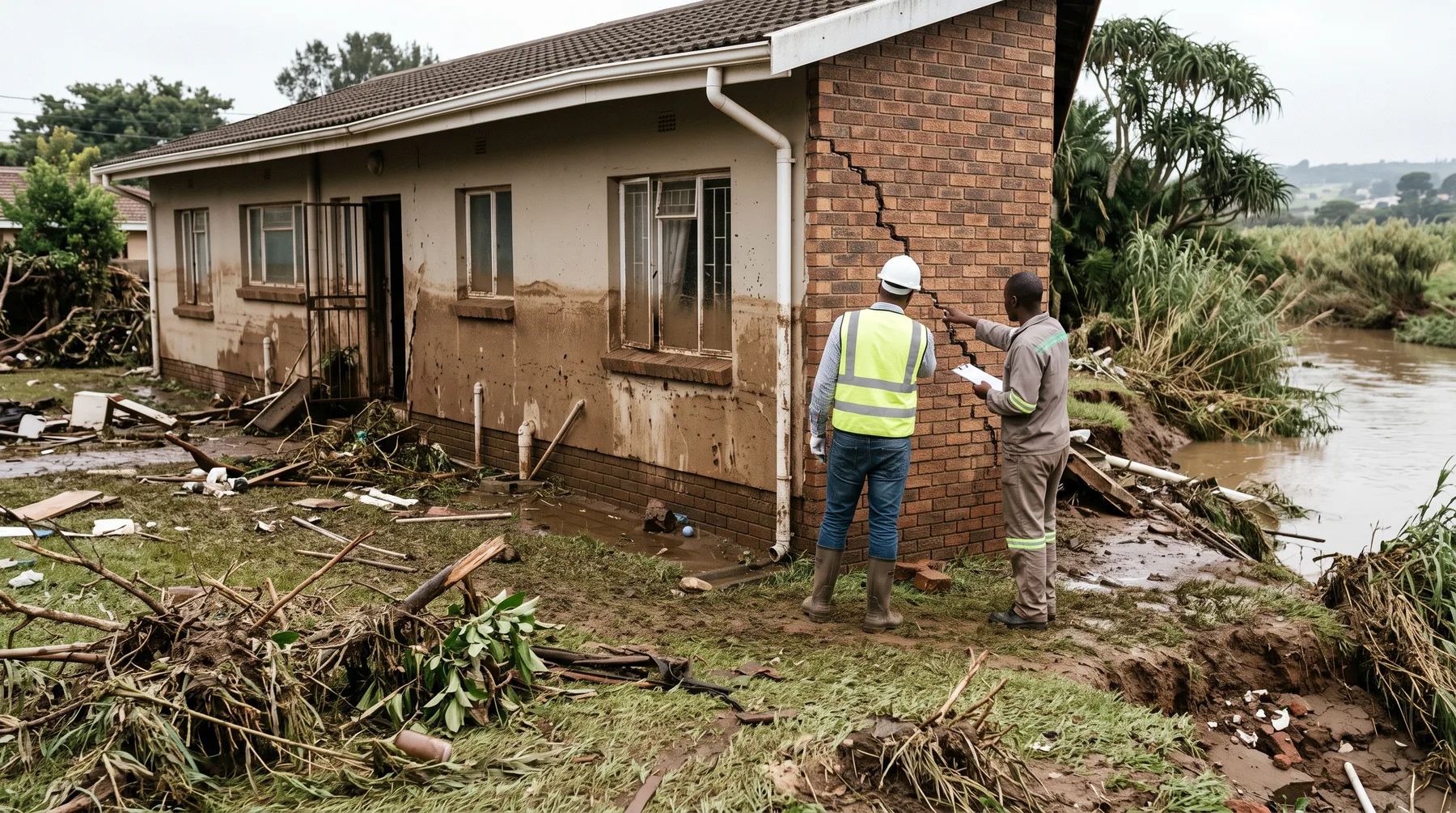 An engineer and a builder inspecting a flood-damaged house with a mud line on its walls.