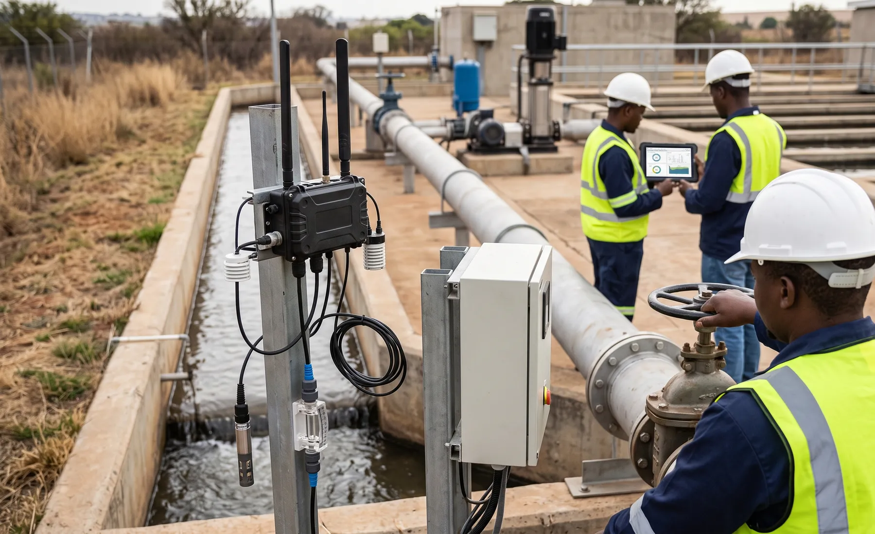 Telemetry sensors and a data logger mounted at a water treatment site while engineers review live readings on a tablet.