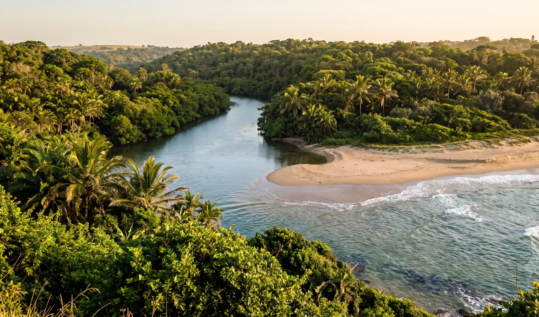 A KwaZulu-Natal coastal river mouth and estuary with dense subtropical vegetation.