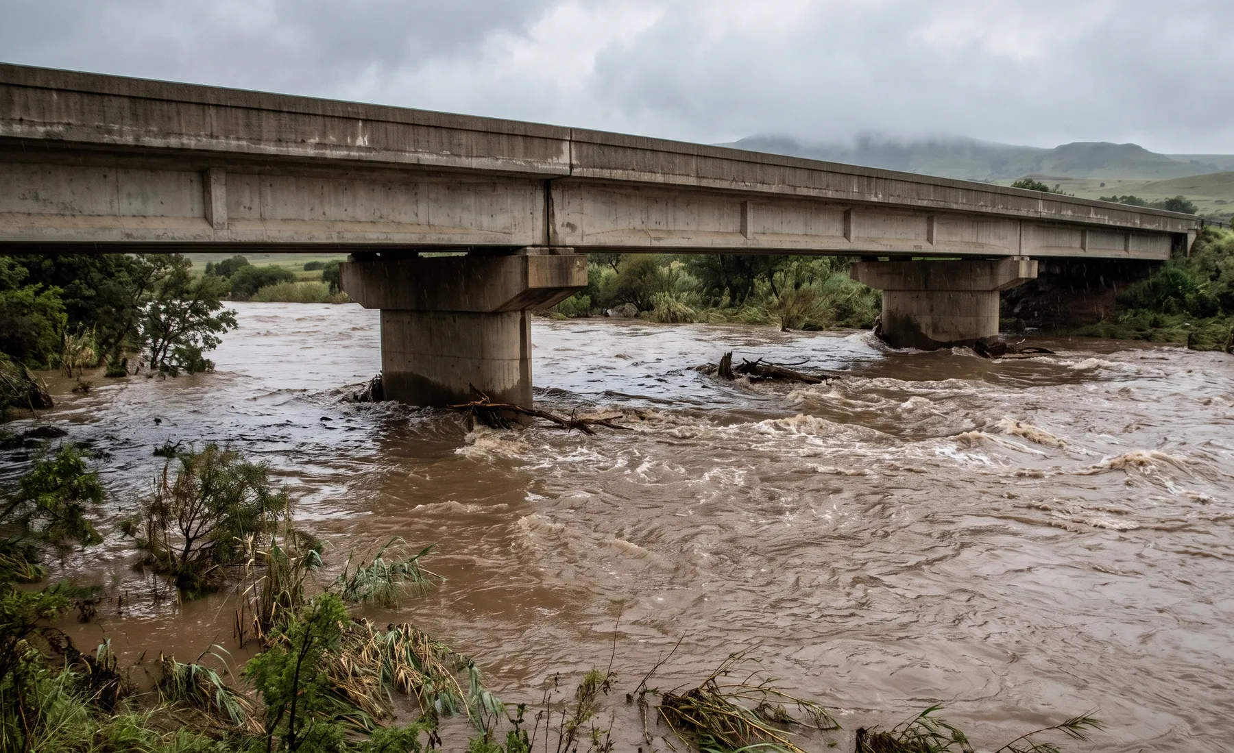 A river running high and fast beneath a bridge during a significant flood.