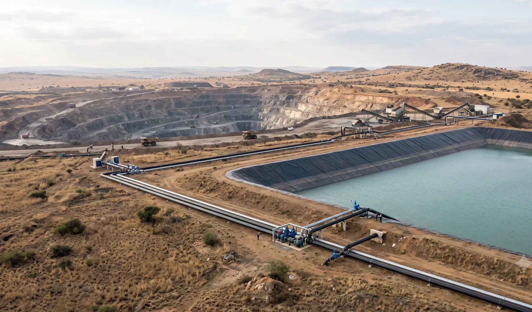 An open-pit mine site showing a pollution control dam and water pipeline infrastructure.