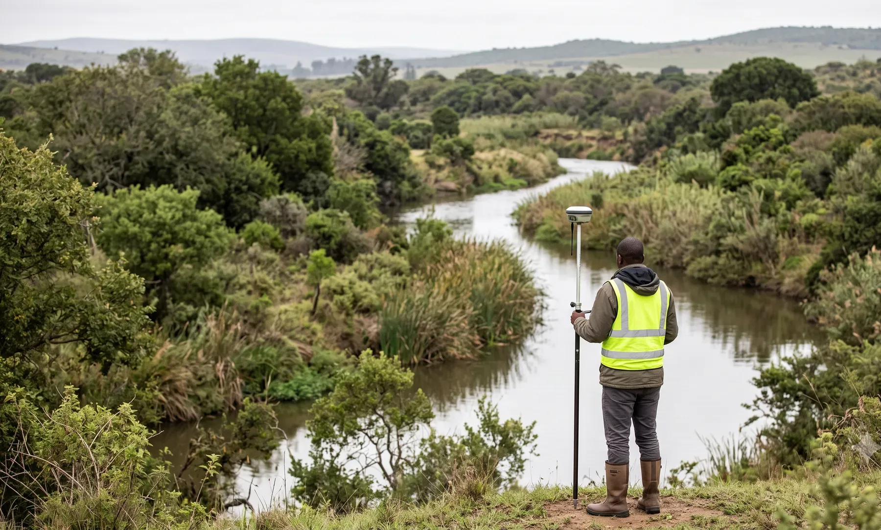An engineer in field gear standing beside a river during a floodline field survey, holding a GPS survey rod.