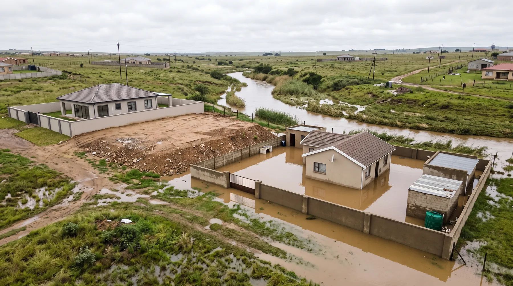 Two neighbouring properties beside a stream after heavy rain, with floodwater ponded against the boundary wall of the lower property next to a raised platform.
