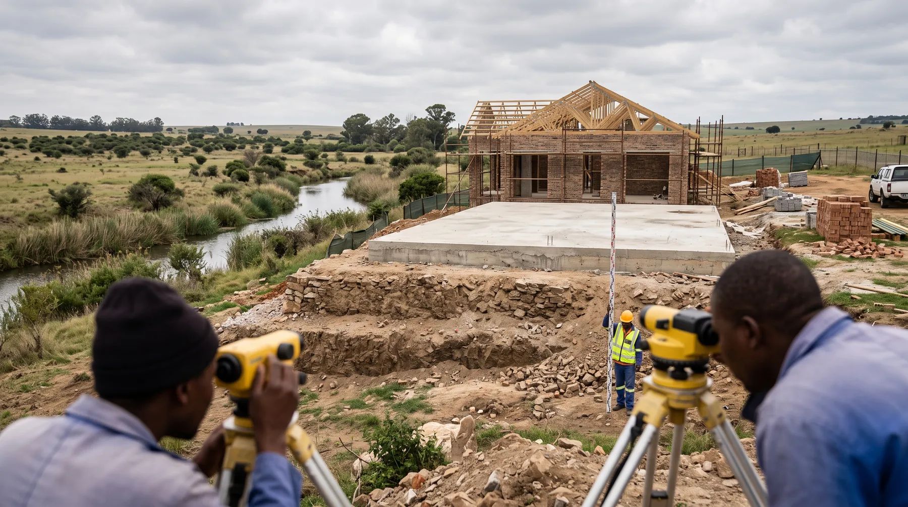 A surveyor checking the level of a raised floor slab on a new house built on a platform near a river.