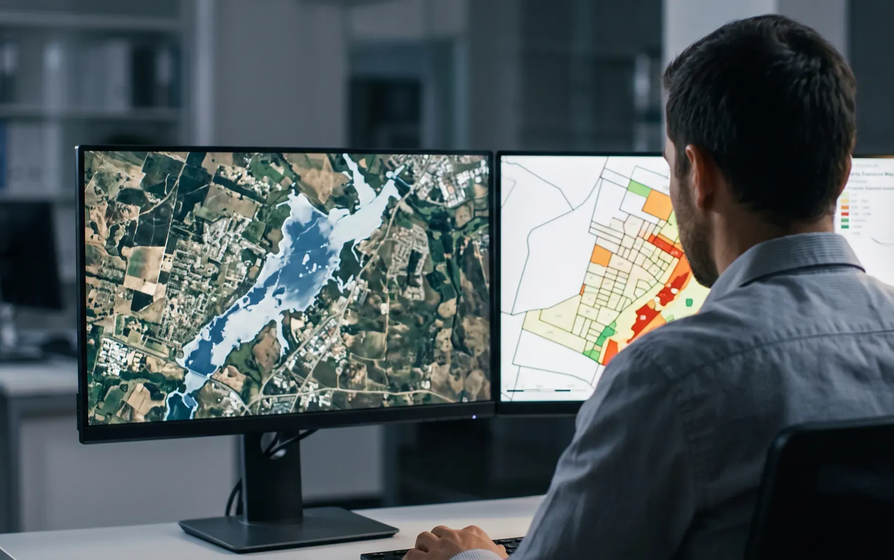 An engineer comparing a satellite flood footprint against a property exposure map after a flood event.