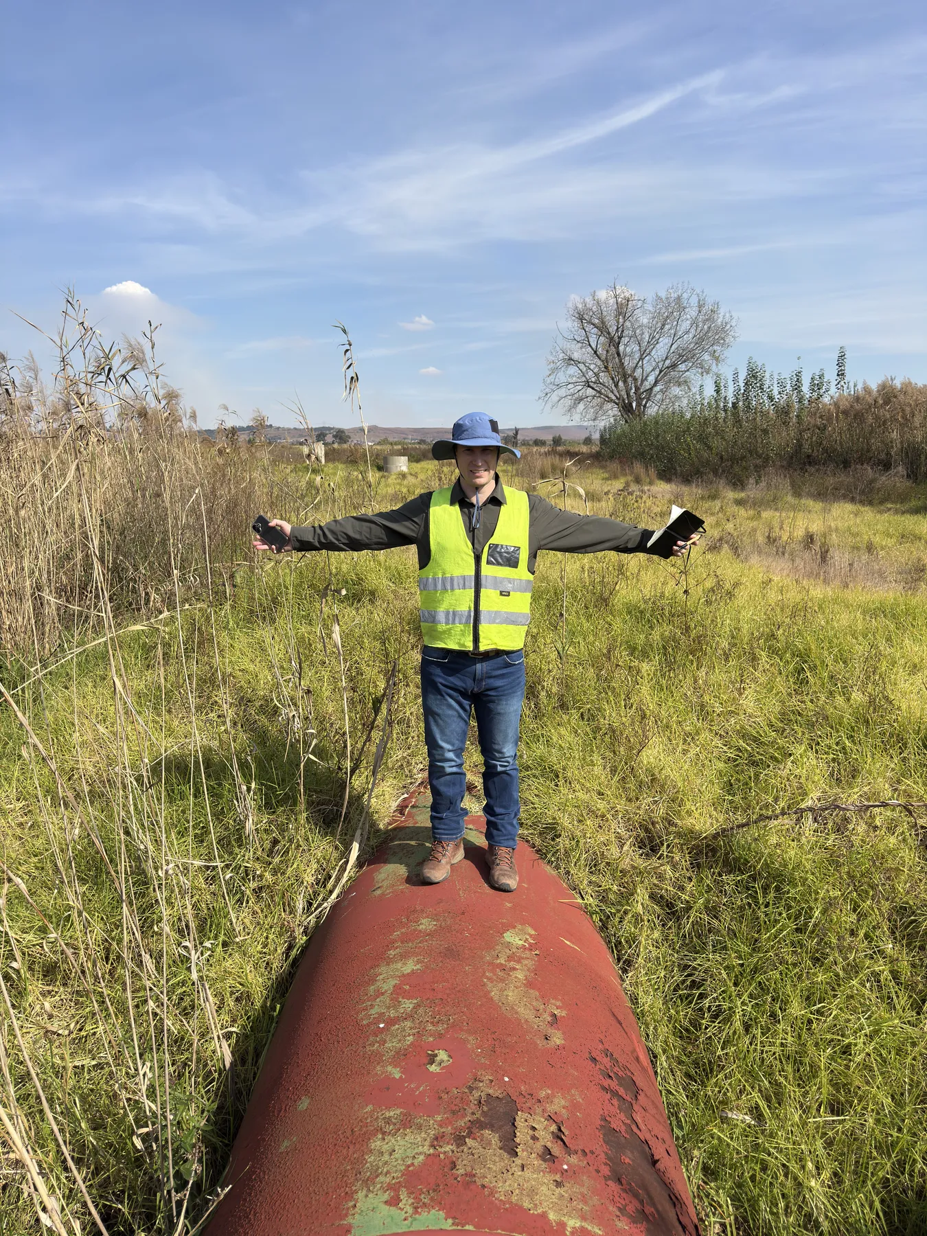 Engineer standing on a large bulk water pipeline running through dense wetland vegetation during an inspection.