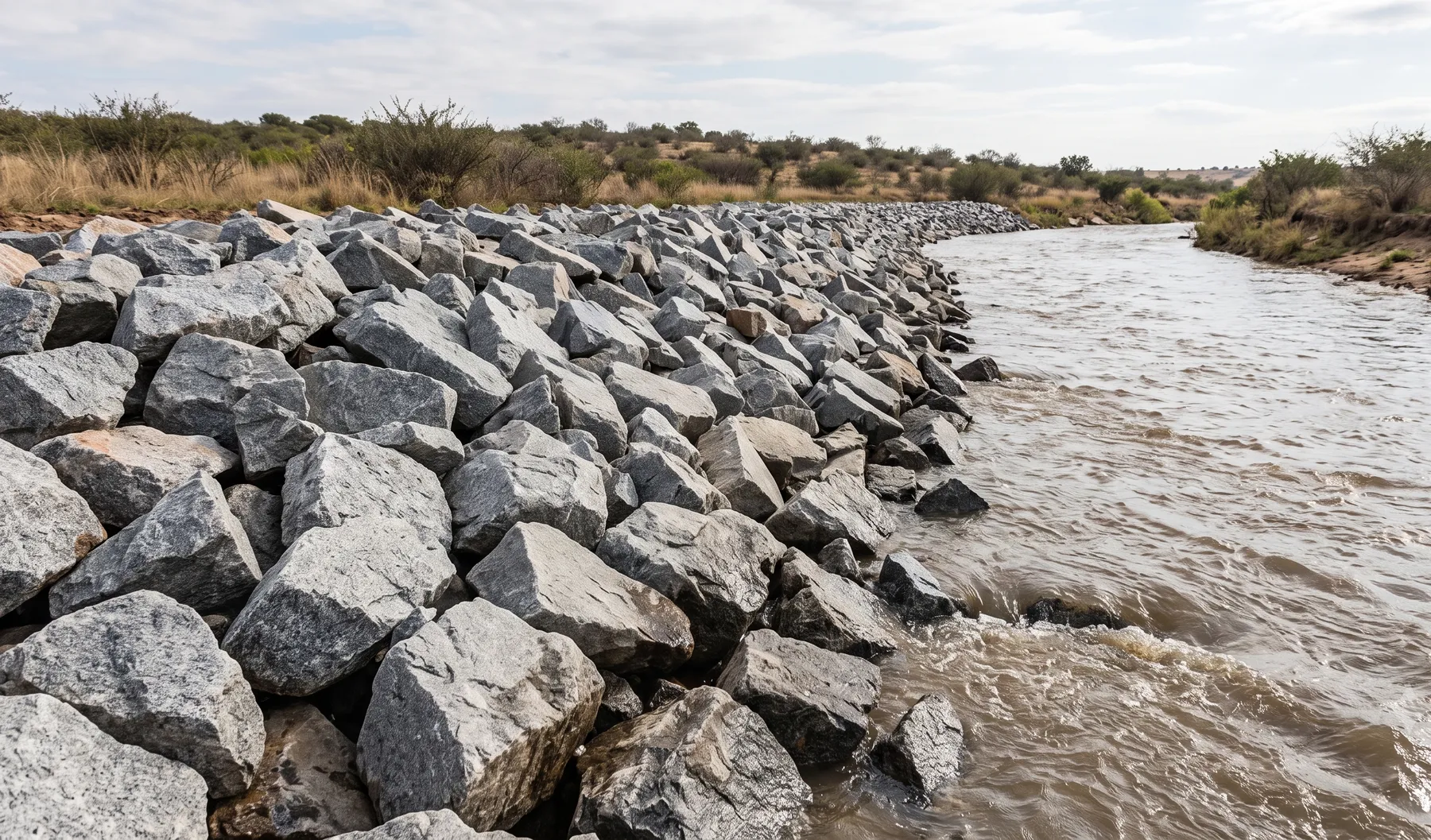 Rock armour (riprap) protecting a channel bank against a flowing watercourse.