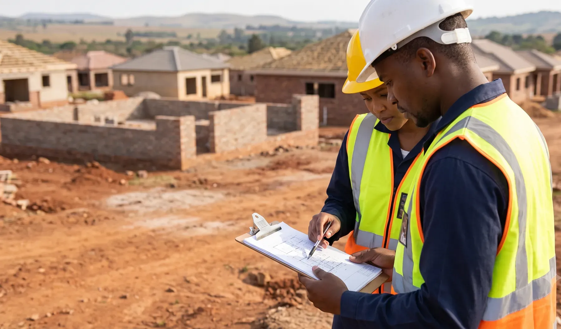 Two people in hi-vis vests and hard hats reviewing site plans at a residential development site.