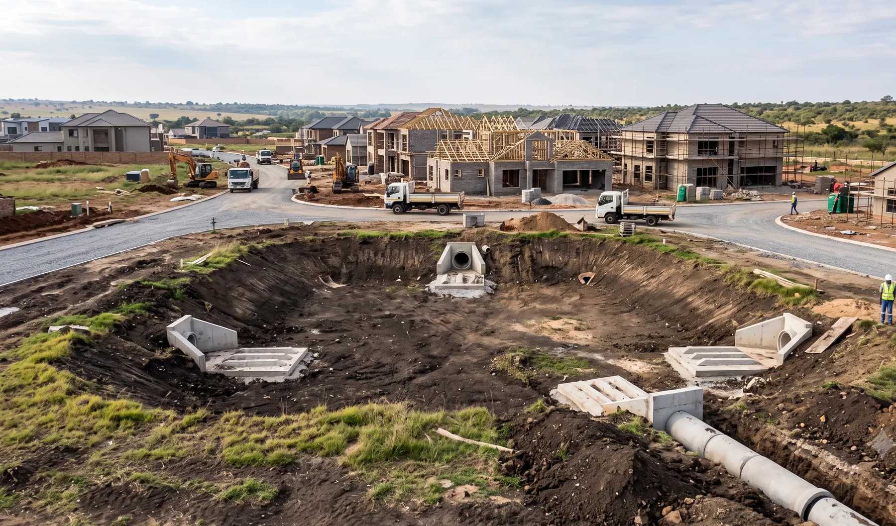 A new development site with an earthen stormwater detention basin and concrete outfall structure under construction.