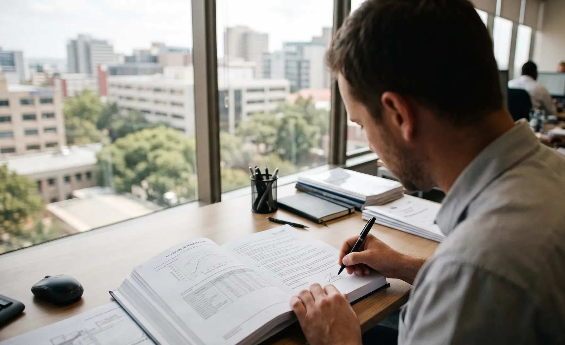 An engineer reviewing a printed technical report at a desk.
