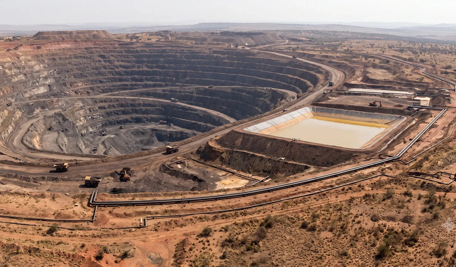 An open-pit mine showing water management infrastructure, including a pollution control dam.