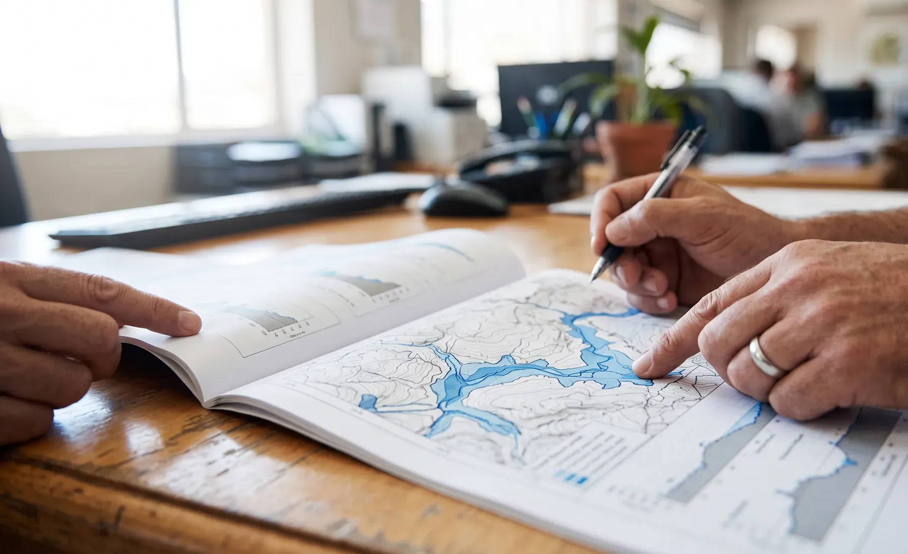 Close-up of hands reviewing a printed technical report with mapped flood extents.