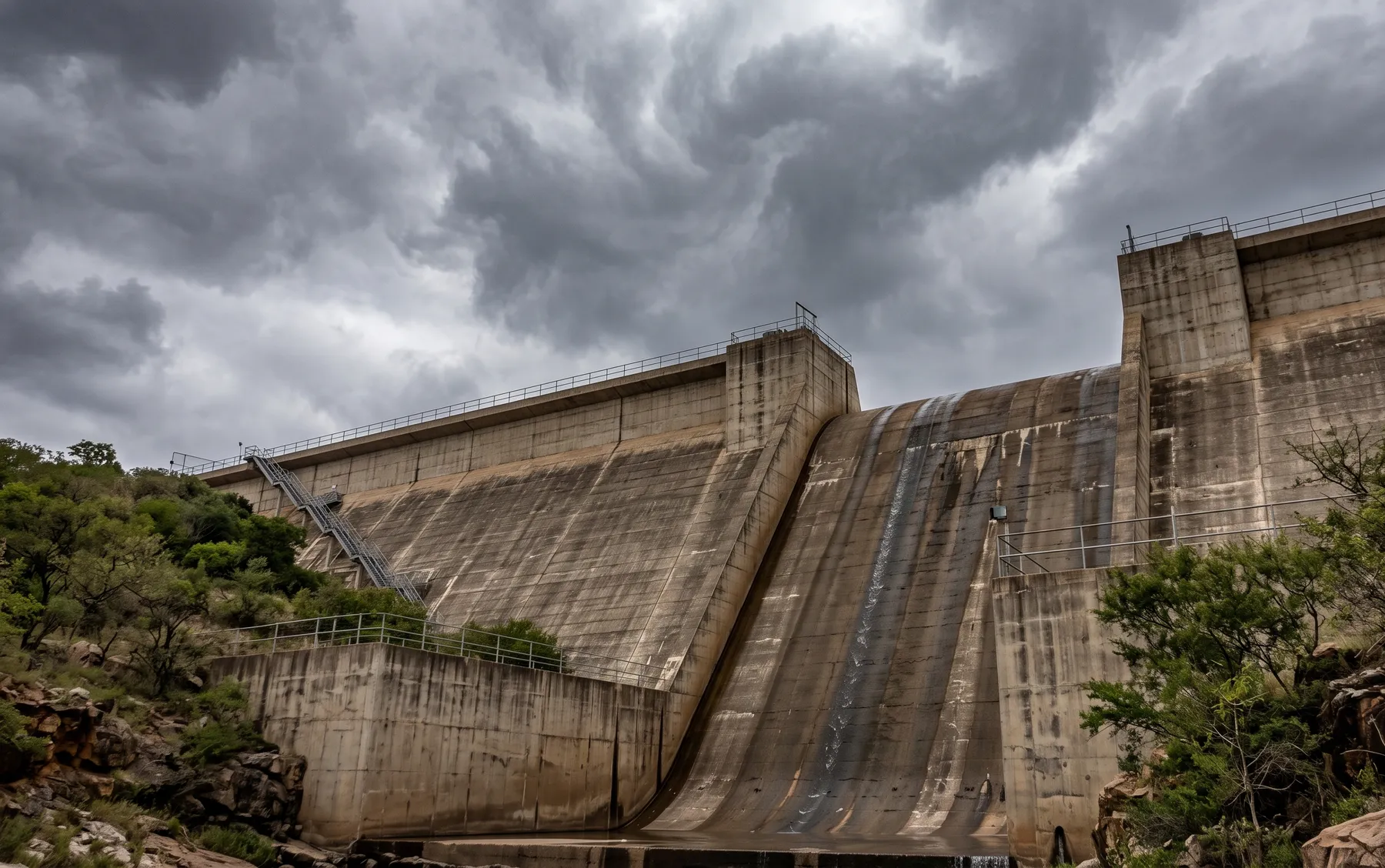 A large dam wall and spillway seen from below, showing the scale of the structure.