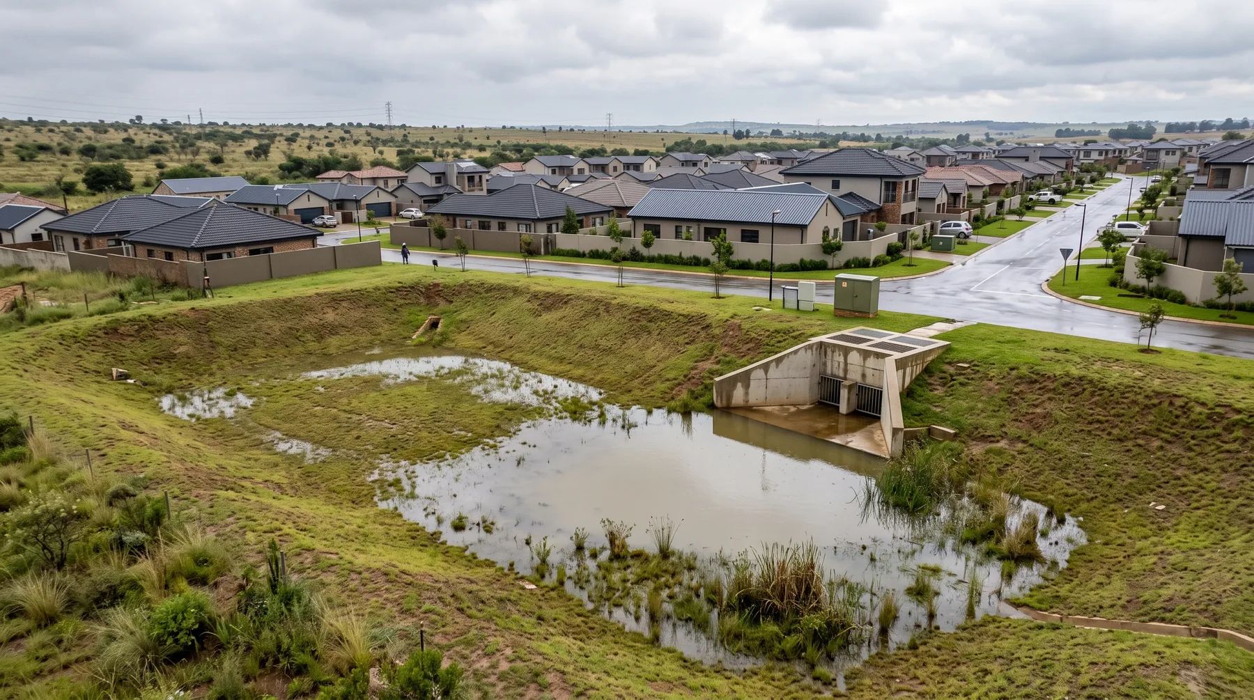 A grassed stormwater detention pond with a concrete outlet structure beside a new housing estate, partly filled after rain.
