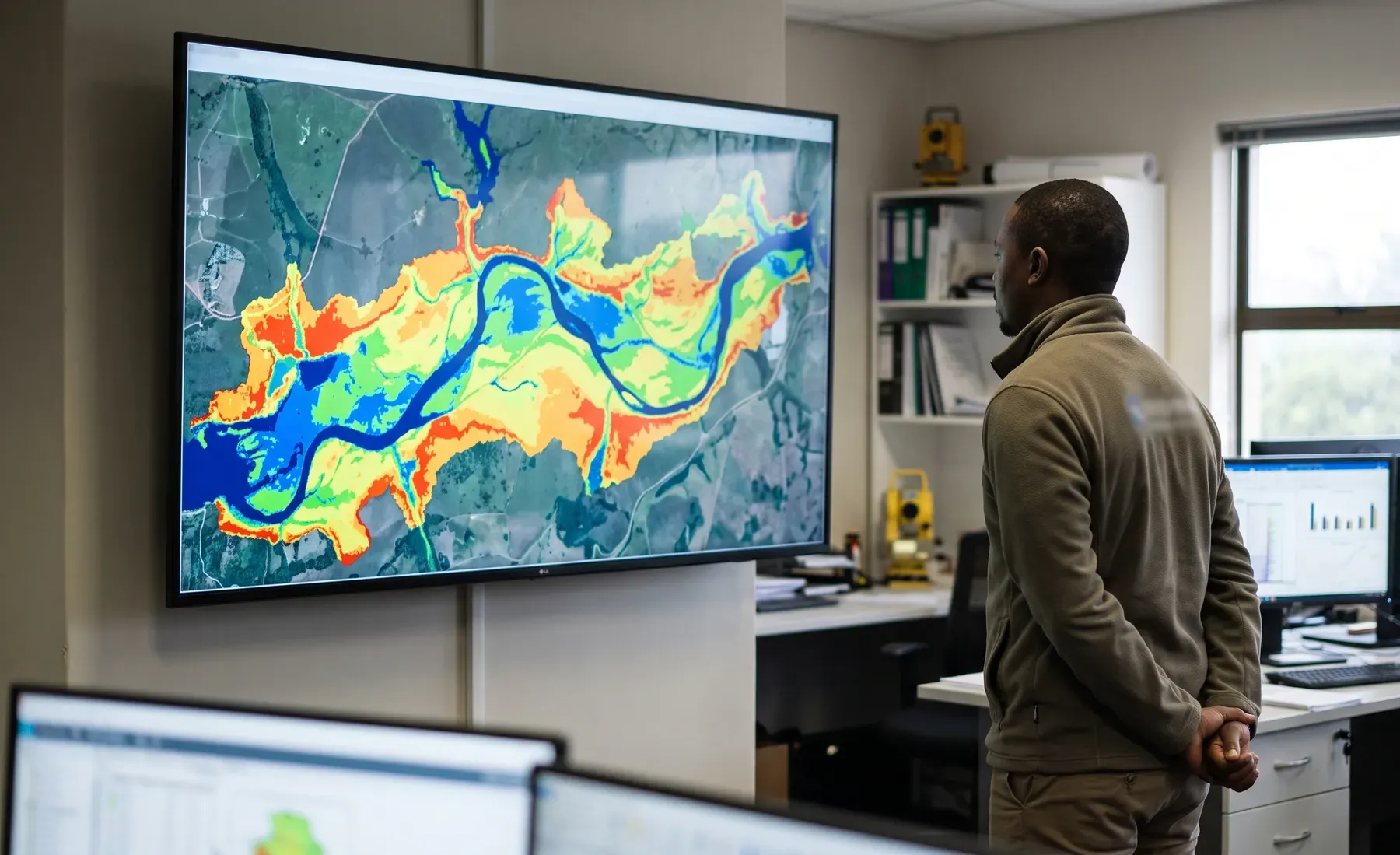 A large regional flood hazard map of a river catchment displayed on screen in a modelling office.
