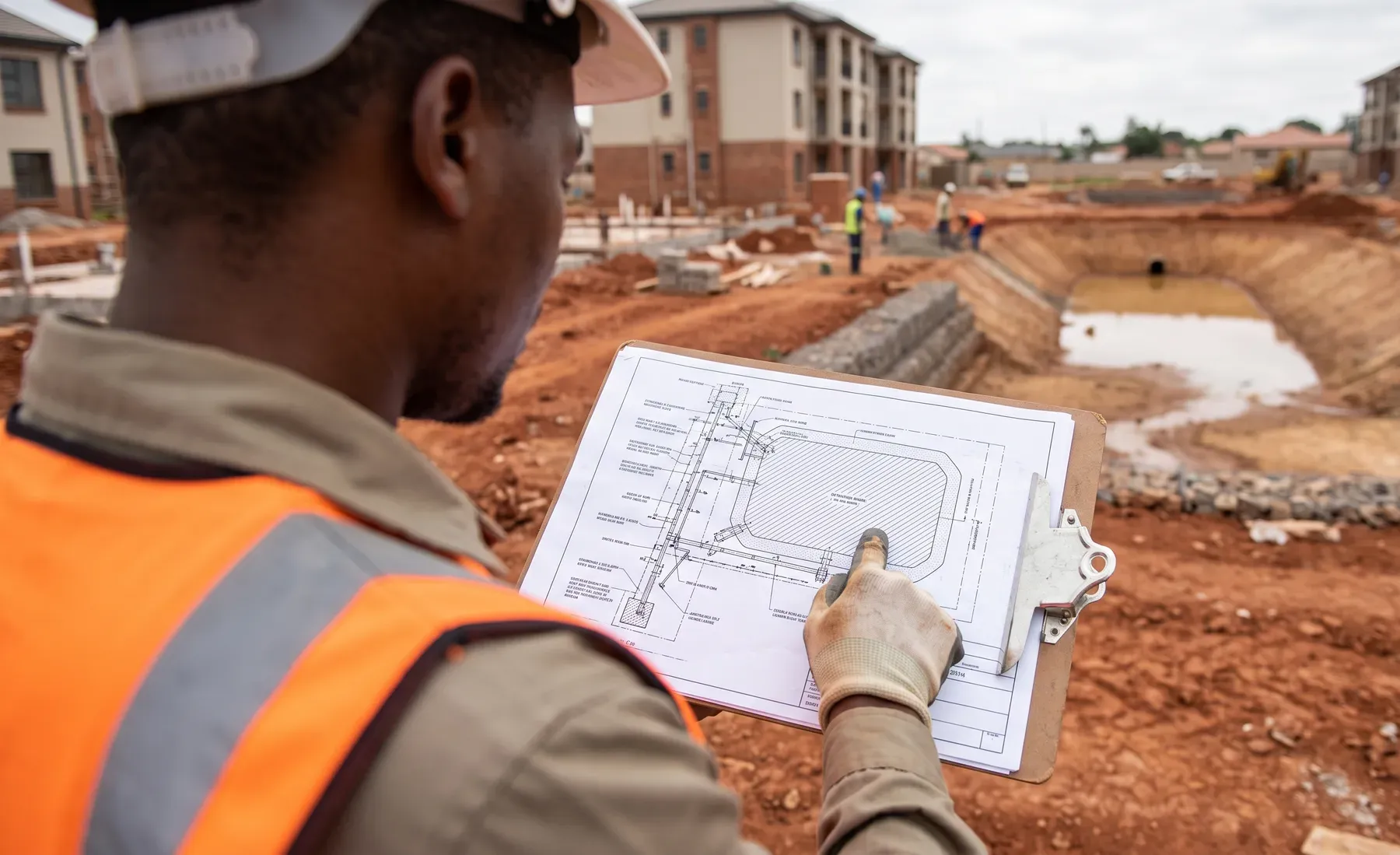 An engineer reviewing a stormwater layout drawing on-site at a new development, with a detention basin visible behind.