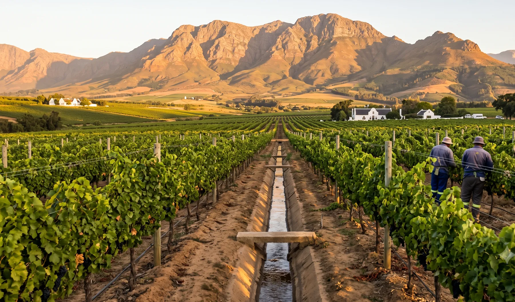 A Cape Winelands valley with a small river running between vineyard rows, mountains in the background.