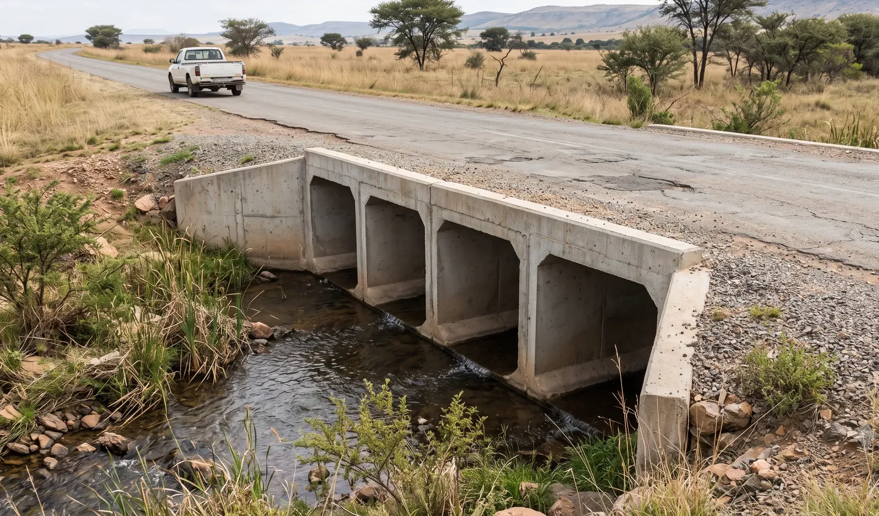 A concrete box culvert crossing beneath a road, carrying a watercourse under the corridor.