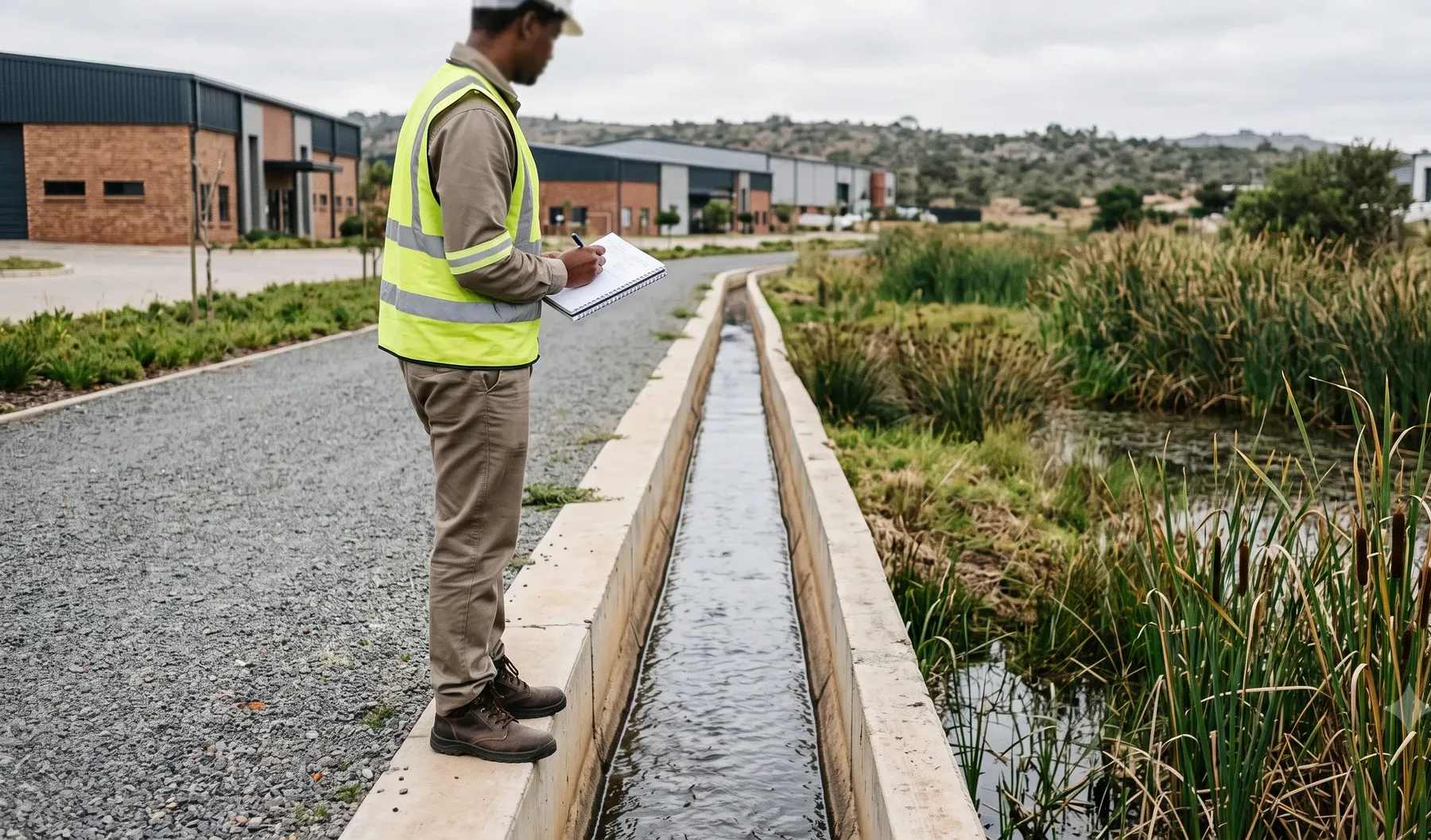 An engineer inspecting an open drainage channel on a mixed-use development site.