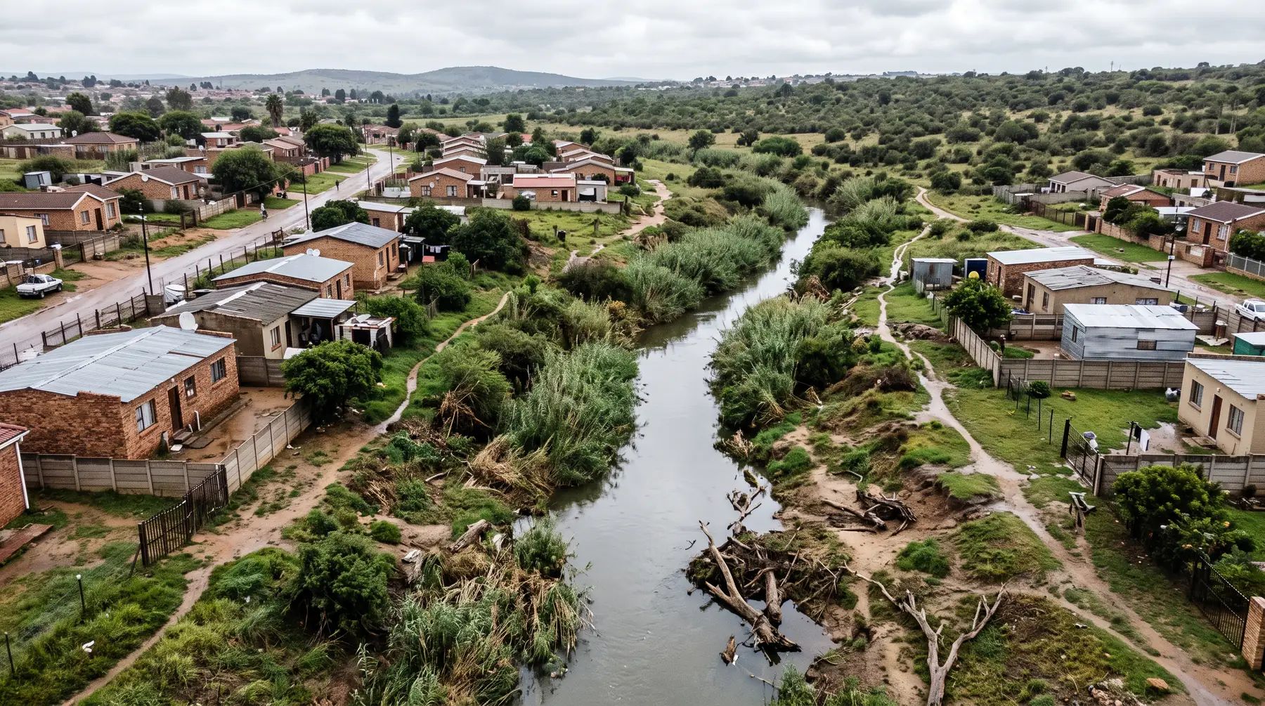 Aerial view of a river running between houses in a South African township, with flood debris caught along the banks.