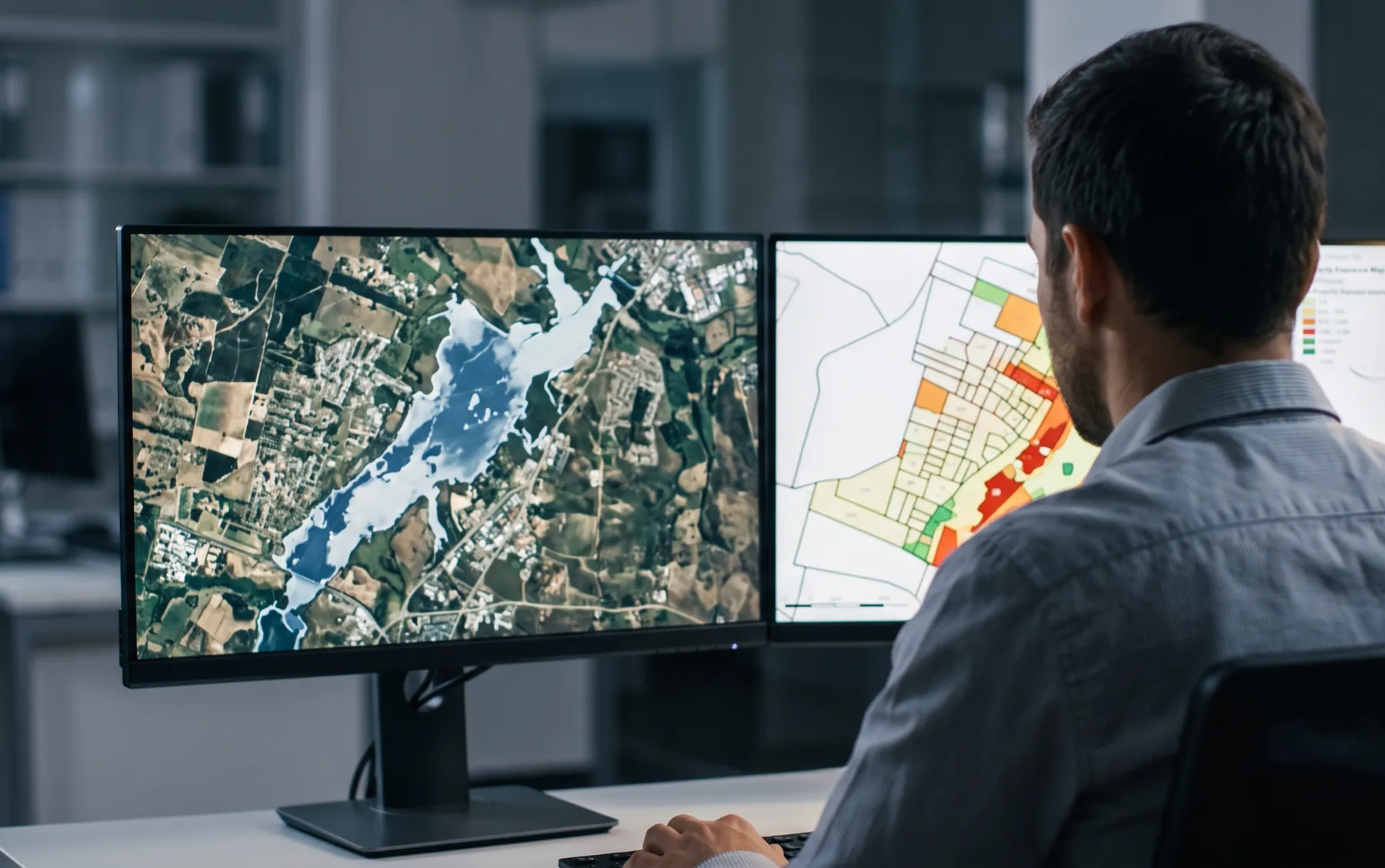 An engineer comparing a satellite flood footprint against a property exposure map after a flood event.