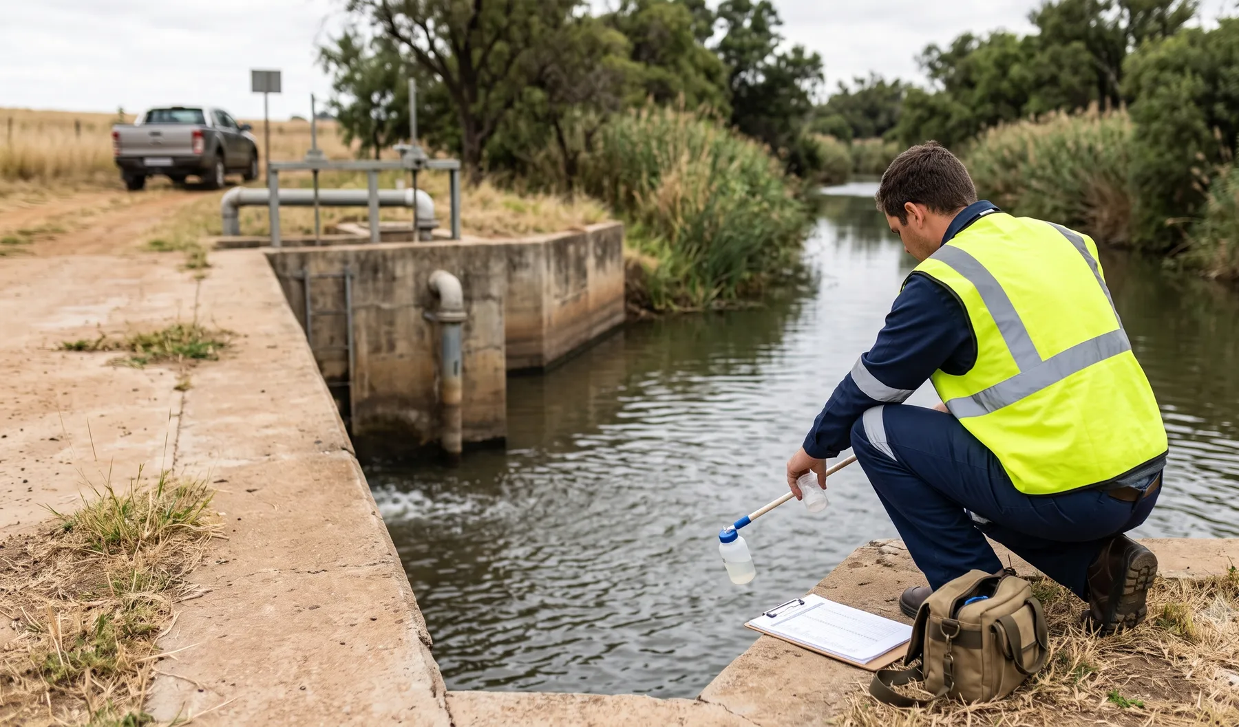 Engineer taking notes at a watercourse during a water use licence site assessment.
