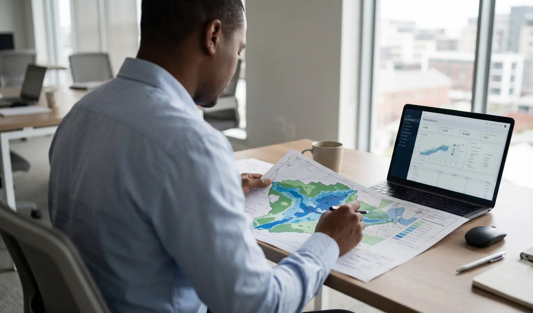 A person at an office desk reviewing a printed flood-extent map alongside a laptop.