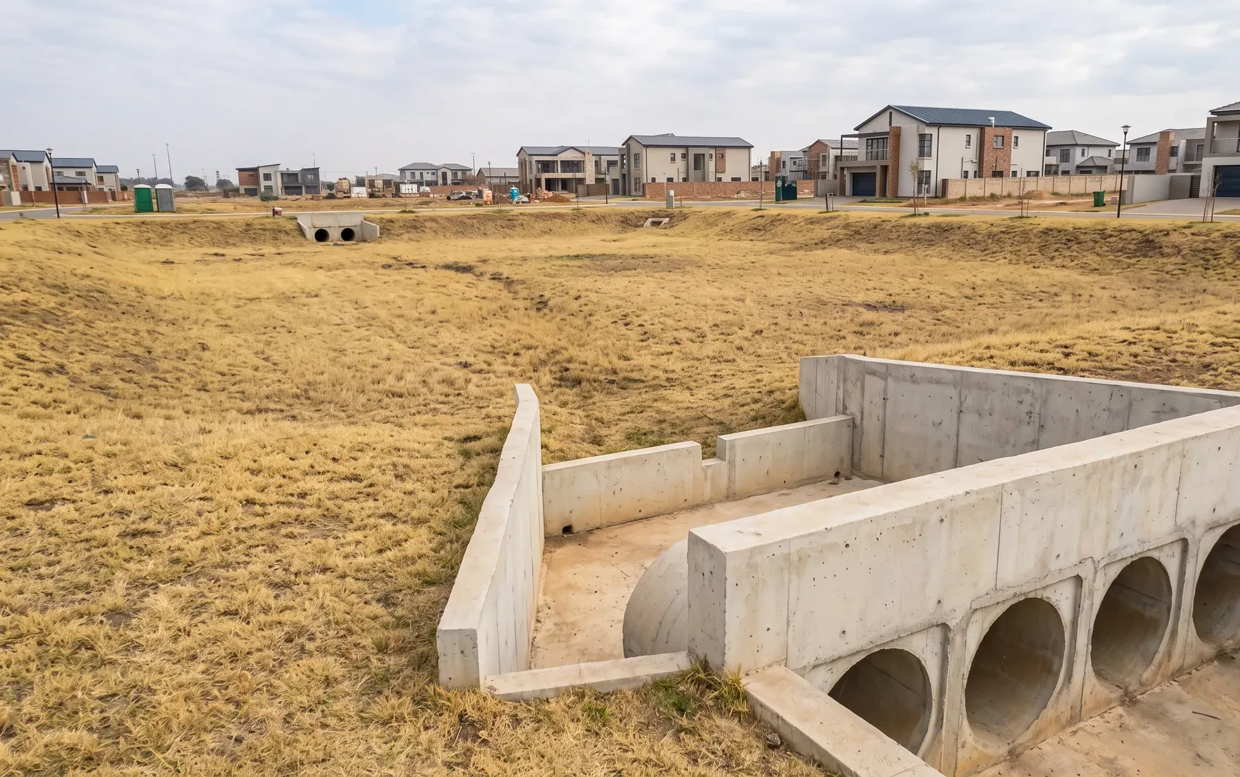 A grassed stormwater detention basin with a concrete outlet control structure at a new development.