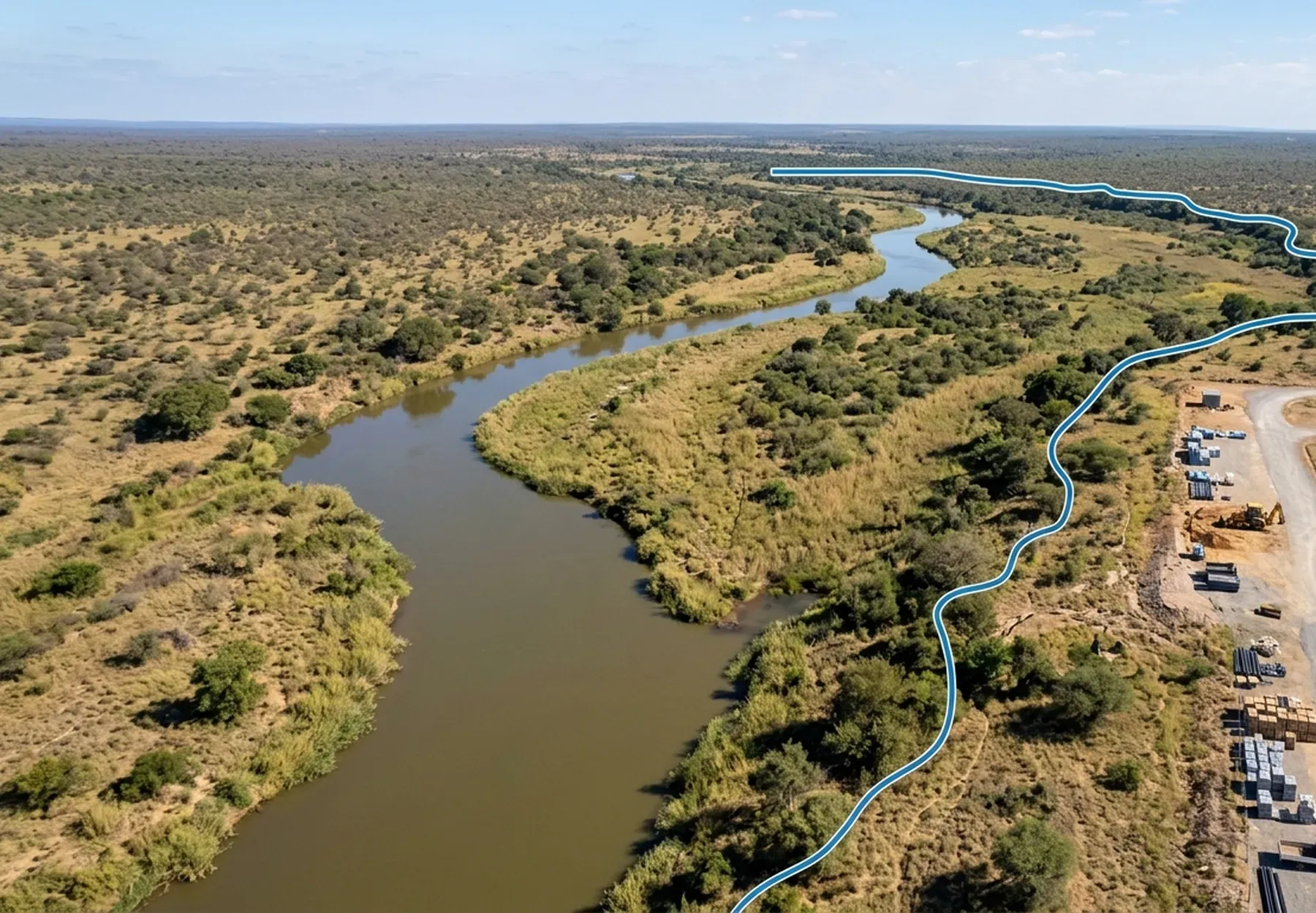Aerial view of a floodplain adjacent to a partially developed site, showing the natural flood extent.