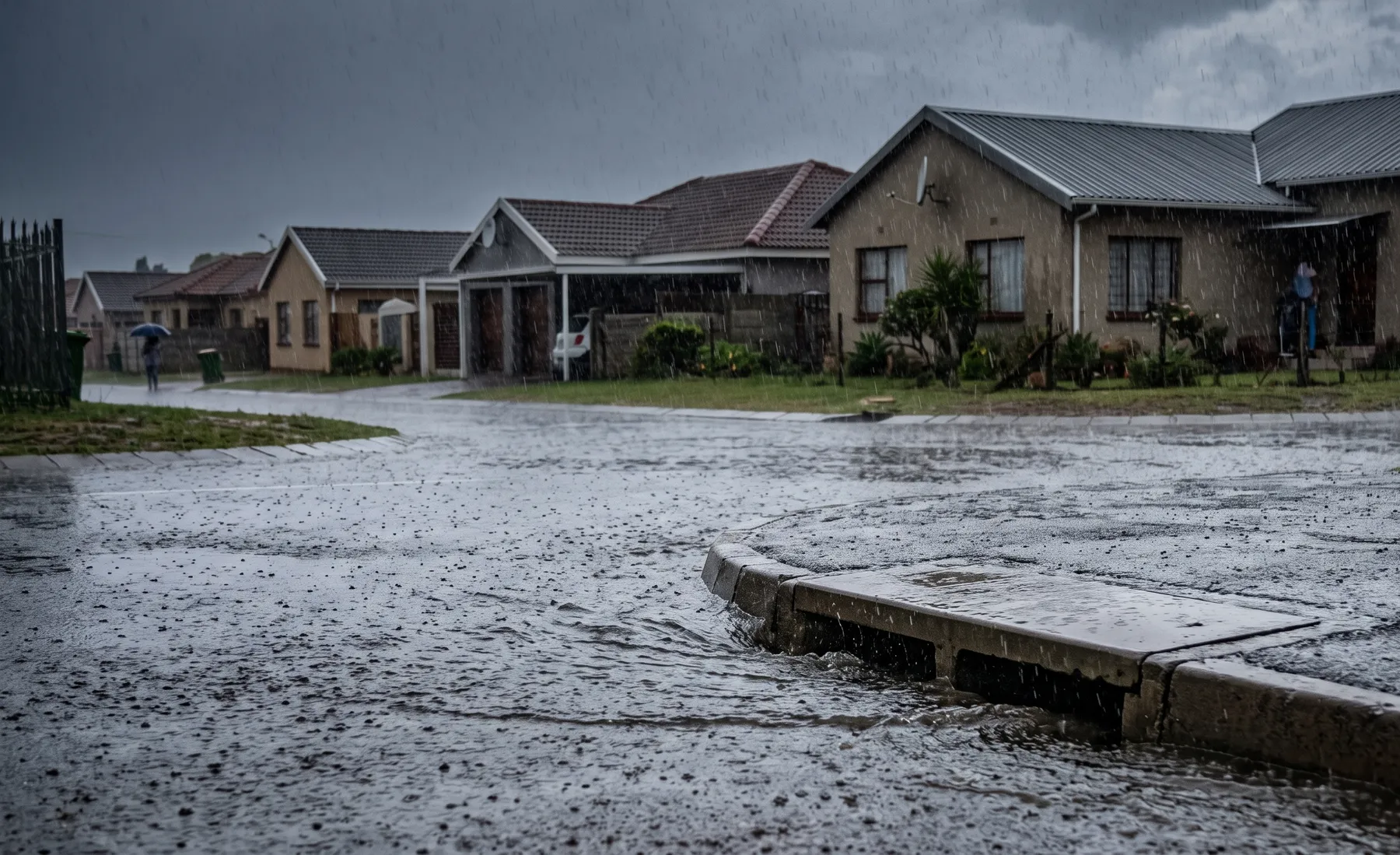 Heavy rain over a small suburban catchment with runoff sheeting toward a stormwater inlet.