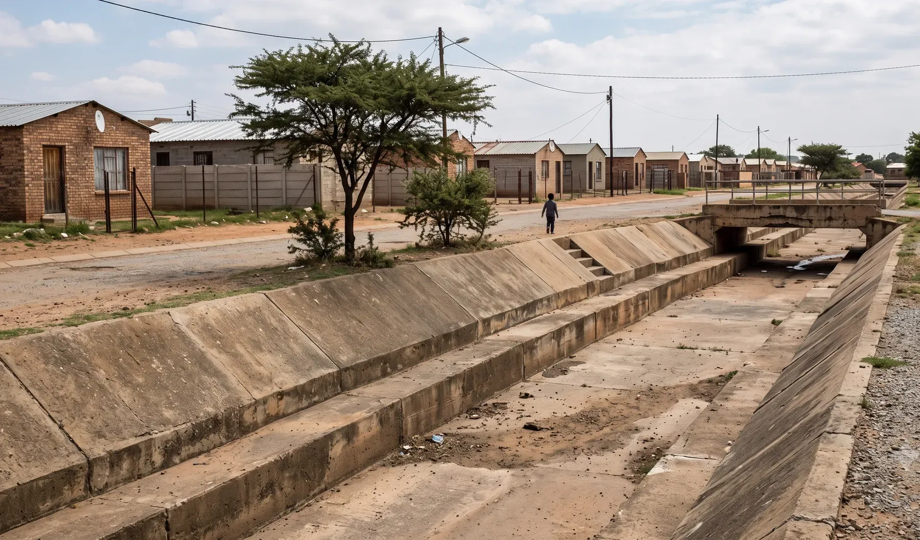 An urban stormwater canal running through a South African town.