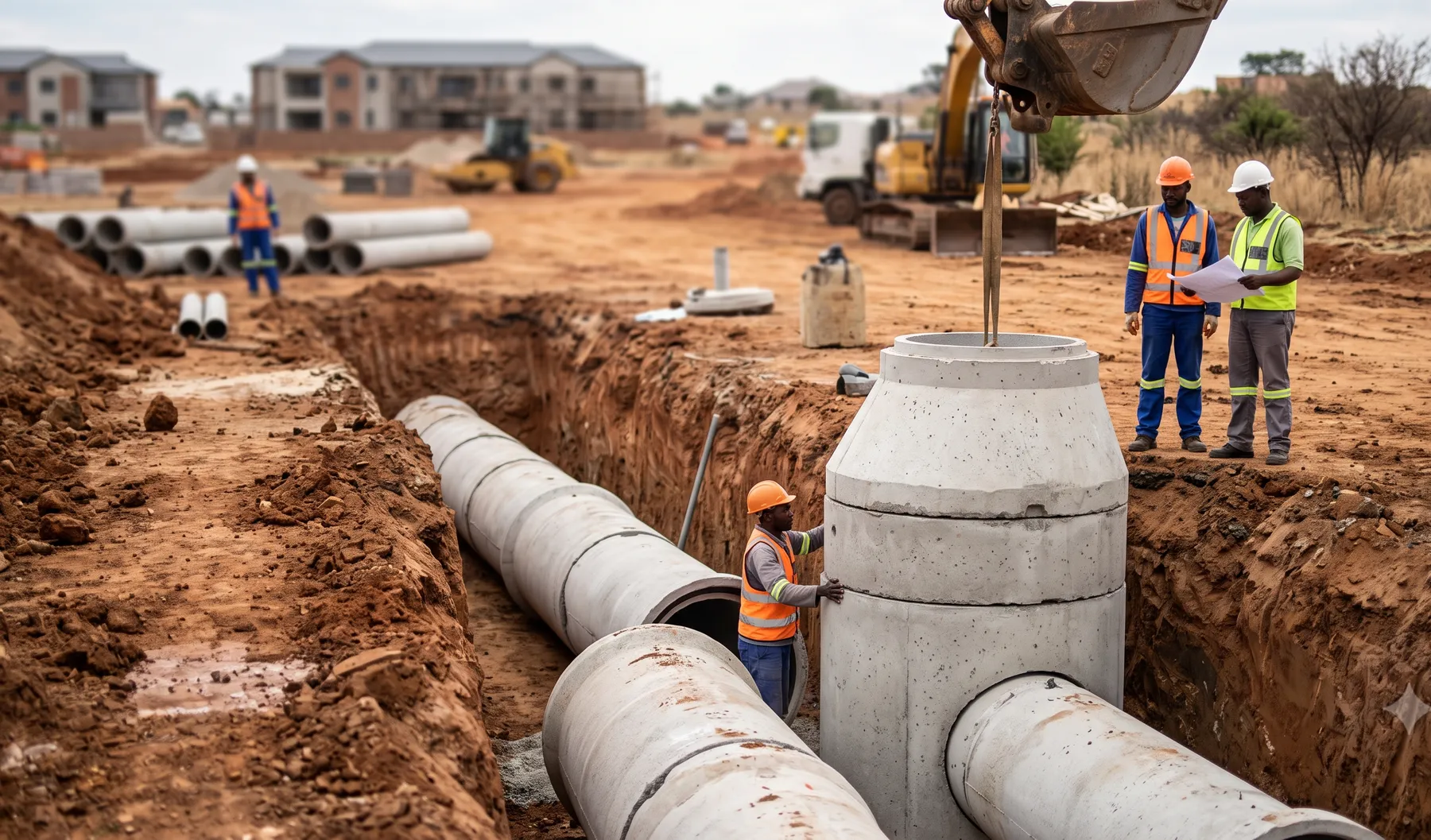 Stormwater pipes and a precast concrete manhole being installed in a construction site trench.