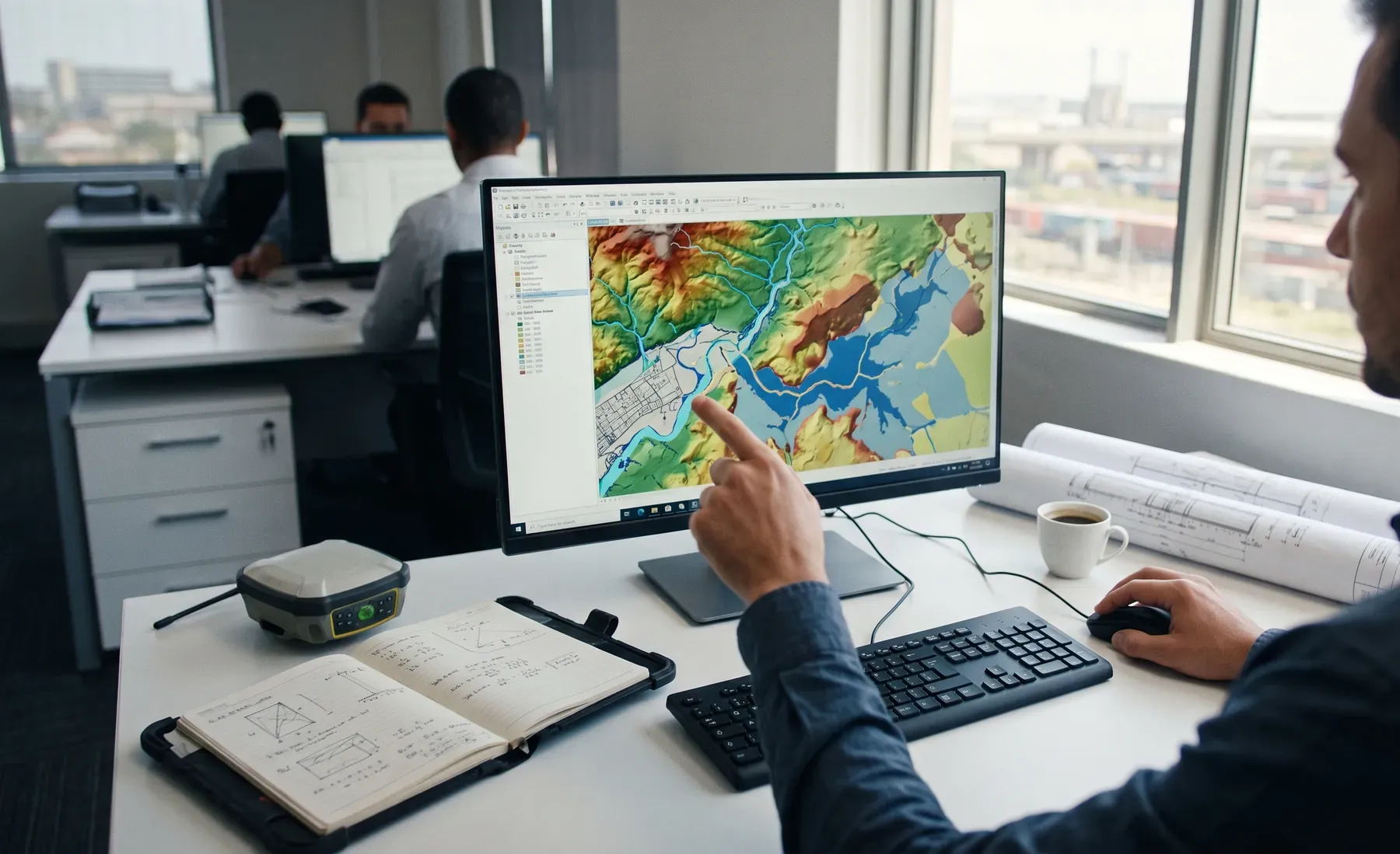 An engineer reviewing a colour terrain and flood map in QGIS on a desktop monitor, with a GNSS survey receiver and field notebook on the desk.