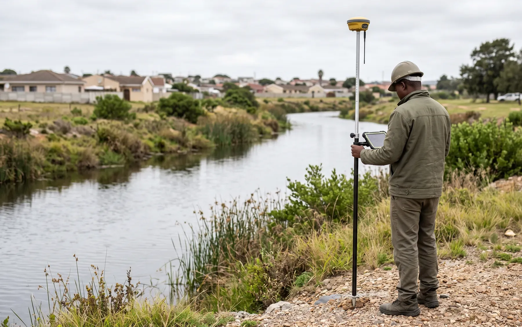 An engineer in field gear standing beside a watercourse holding a GPS survey rod.