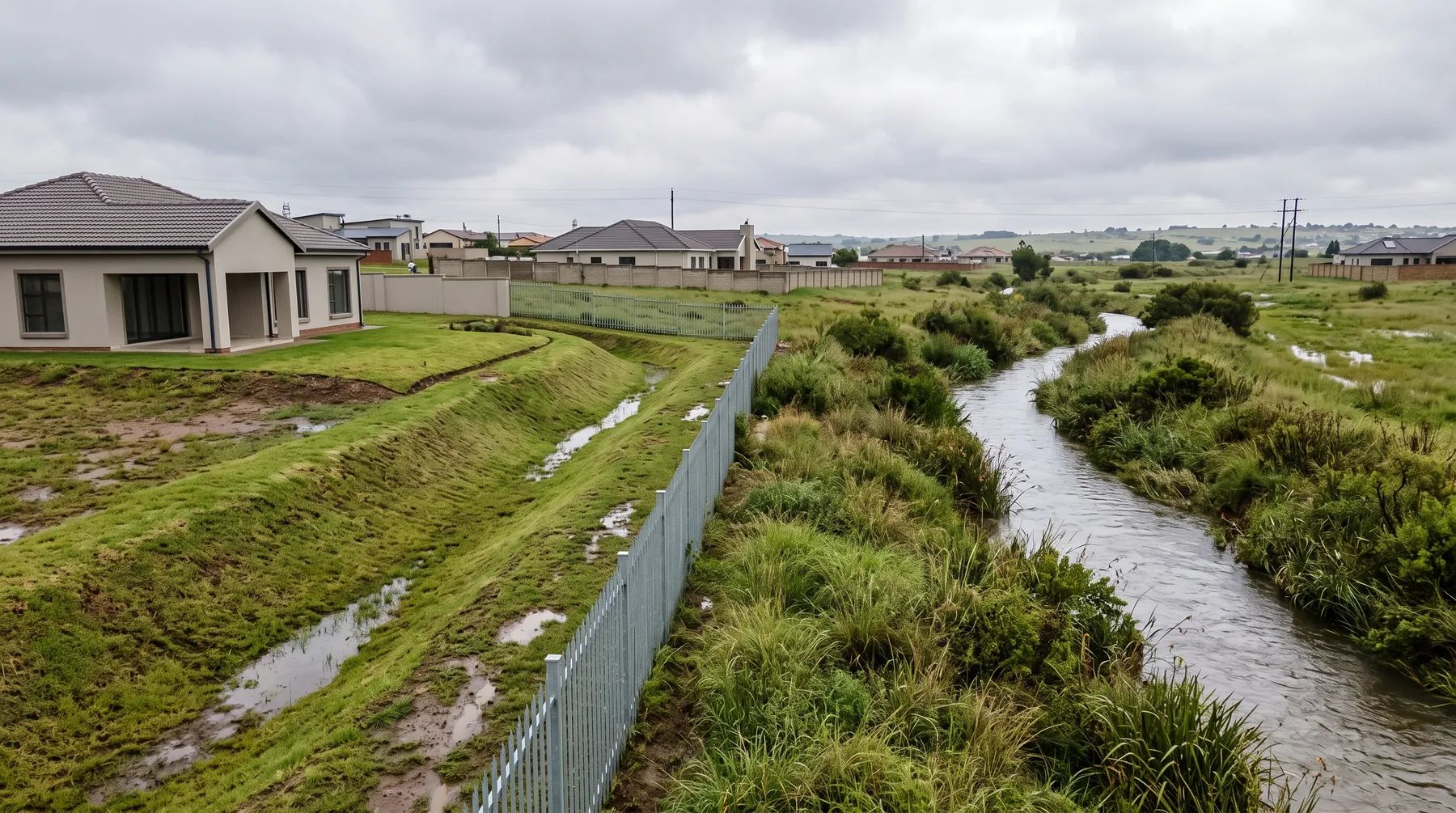 A property beside a stream with a grassed swale guiding water around the house and a see-through palisade fence along the stream.