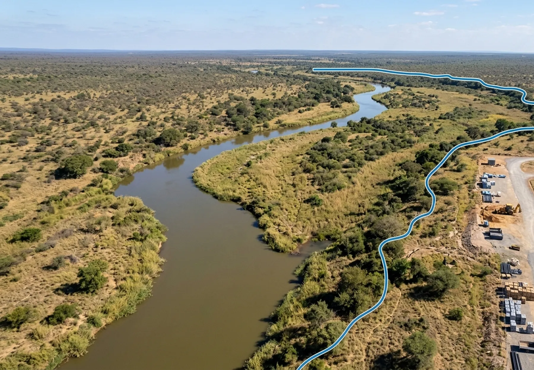 Aerial view of a floodplain adjacent to a partially developed site, showing the natural flood extent.