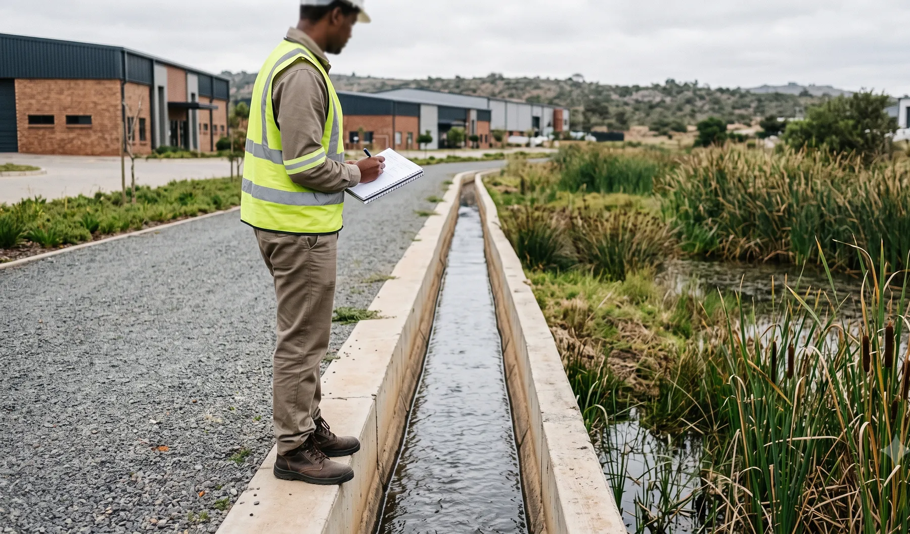 An engineer inspecting an open drainage channel on a mixed-use development site.