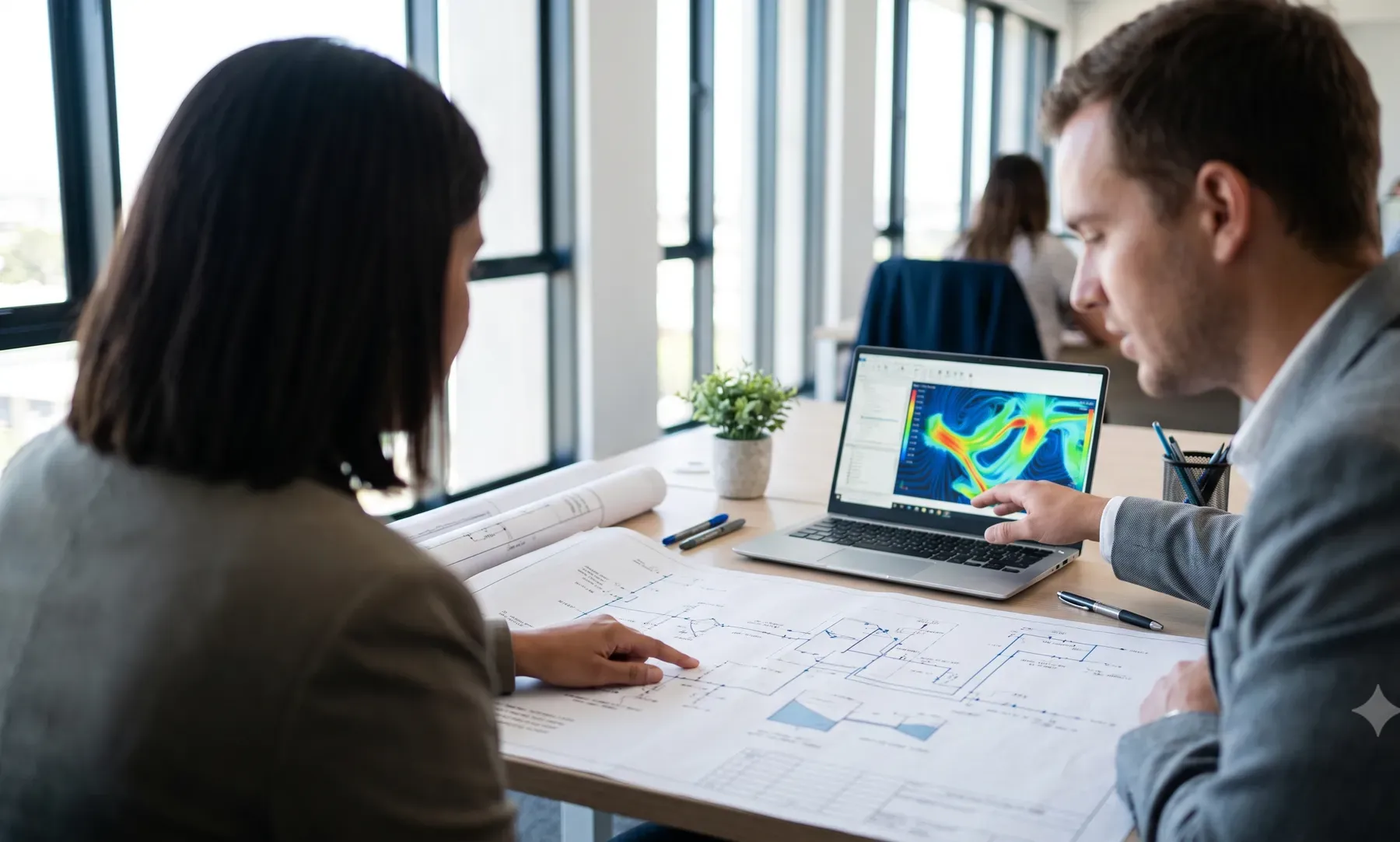 Two engineers reviewing technical drawings and a hydraulic model together at a shared desk.