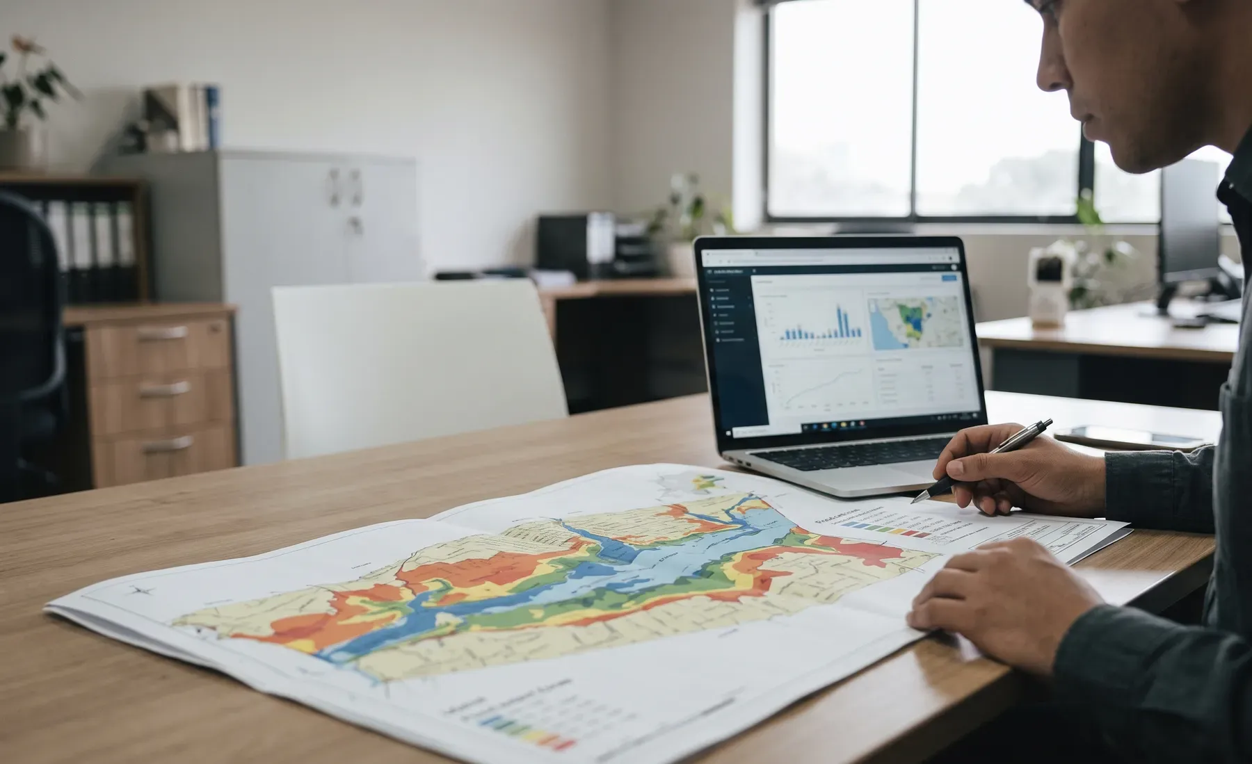 An engineer at a desk reviewing a printed flood-extent map beside a laptop.