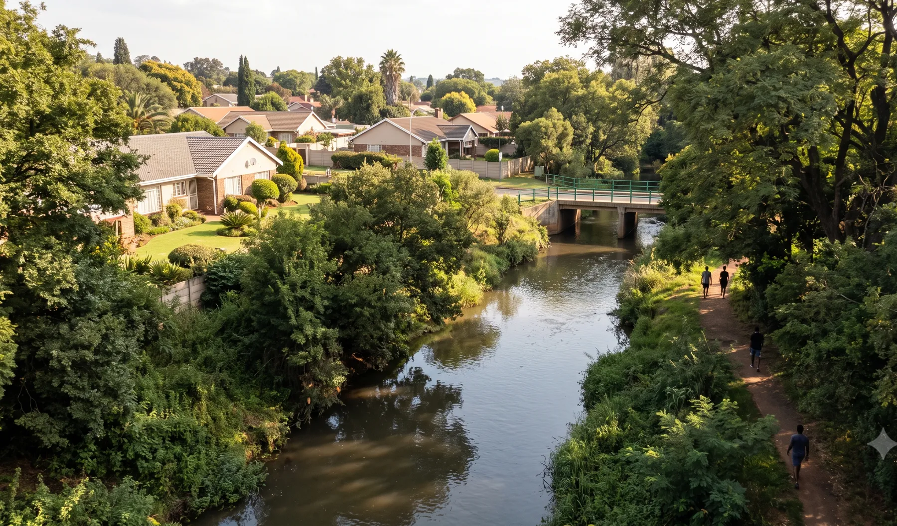 A tree-lined river passing through a Gauteng suburb.
