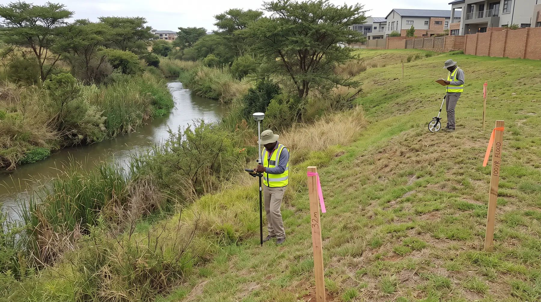 Two engineers surveying a stream bank beside a housing estate, with wooden stakes marking 32 m and the 100-year flood level.