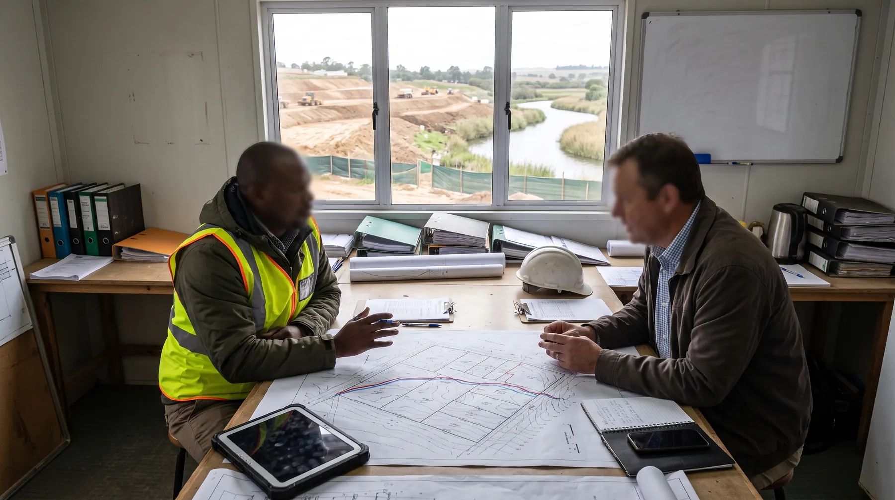 An engineer and a town planner reviewing a site plan with a floodline marked on it, with a river and development site visible through the window.
